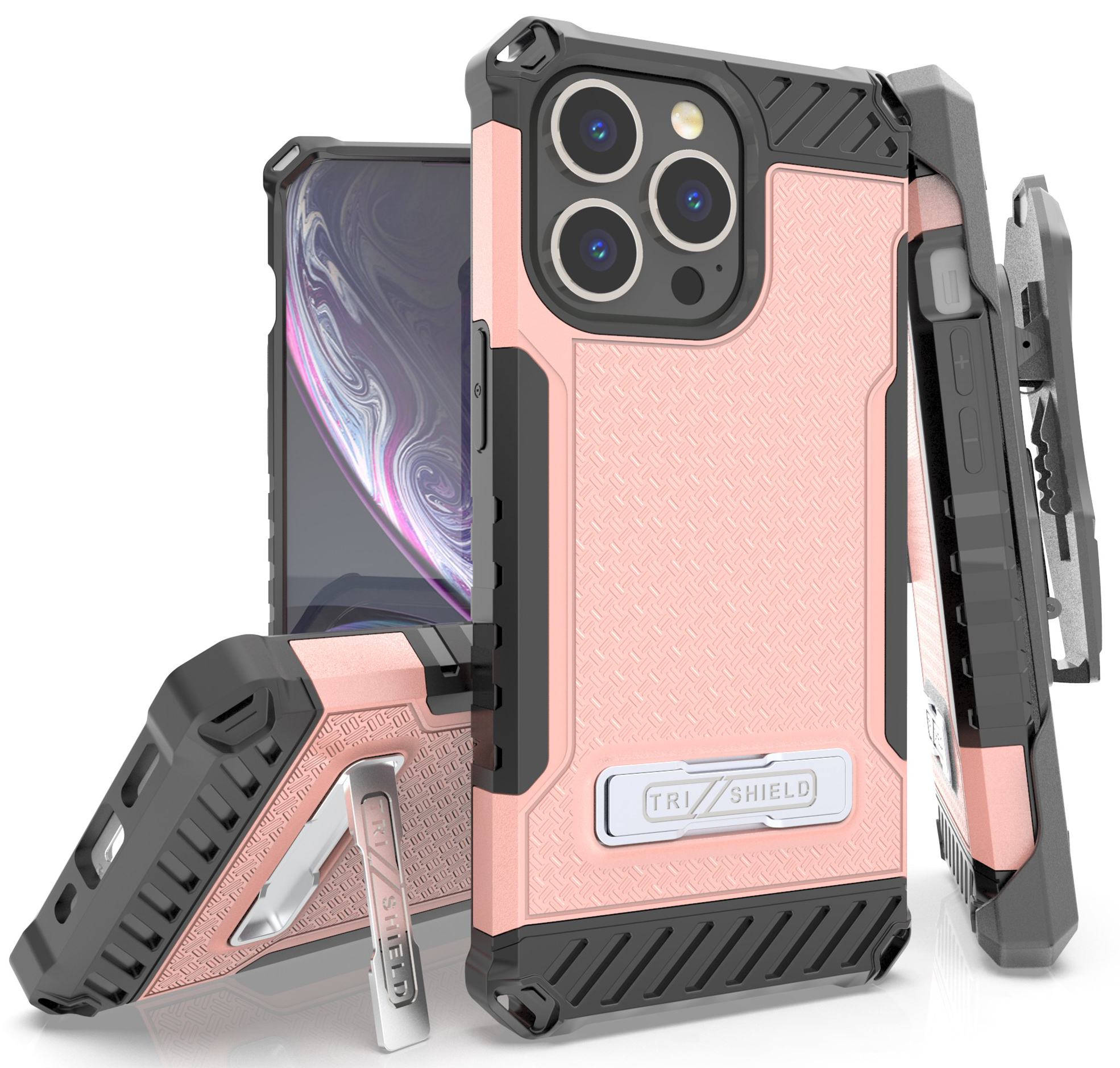 Tri-Shield Rugged Case with Stand + Belt Clip Holster + Strap for iPhone 13 Pro