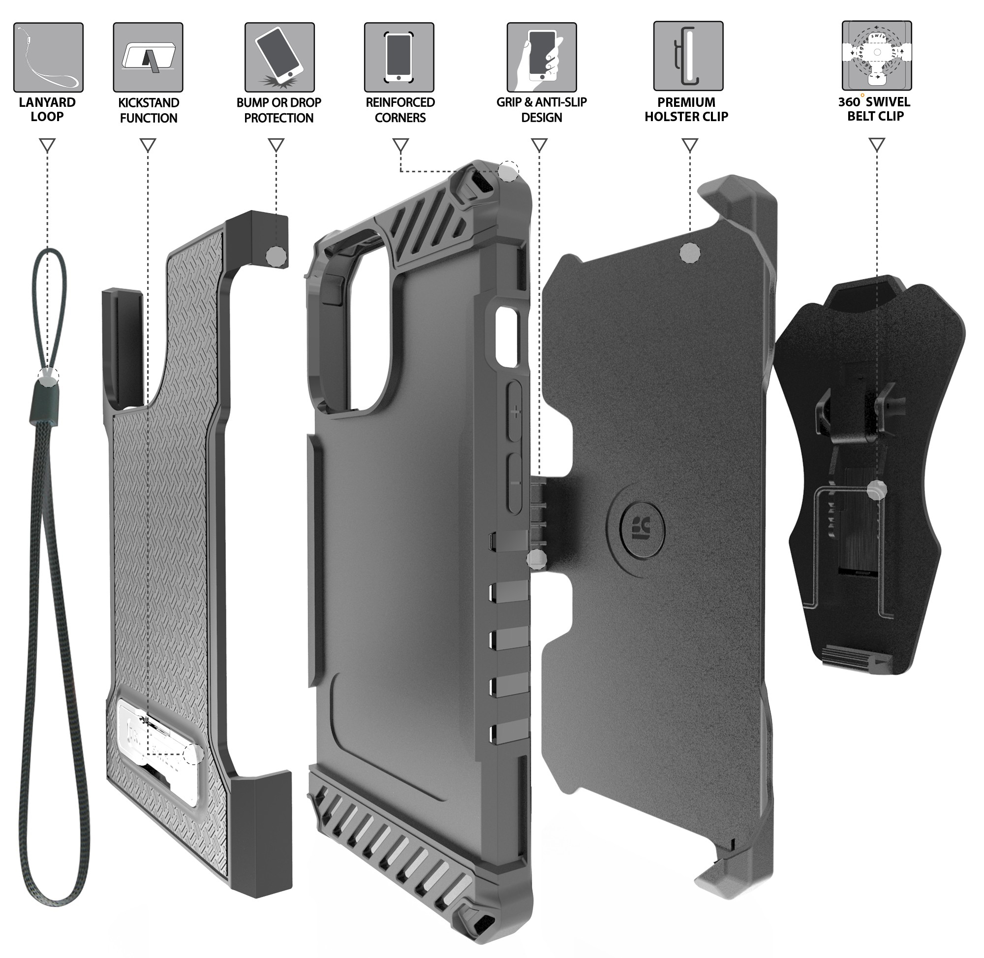Tri-Shield Rugged Case with Stand + Belt Clip Holster + Strap for iPhone 13