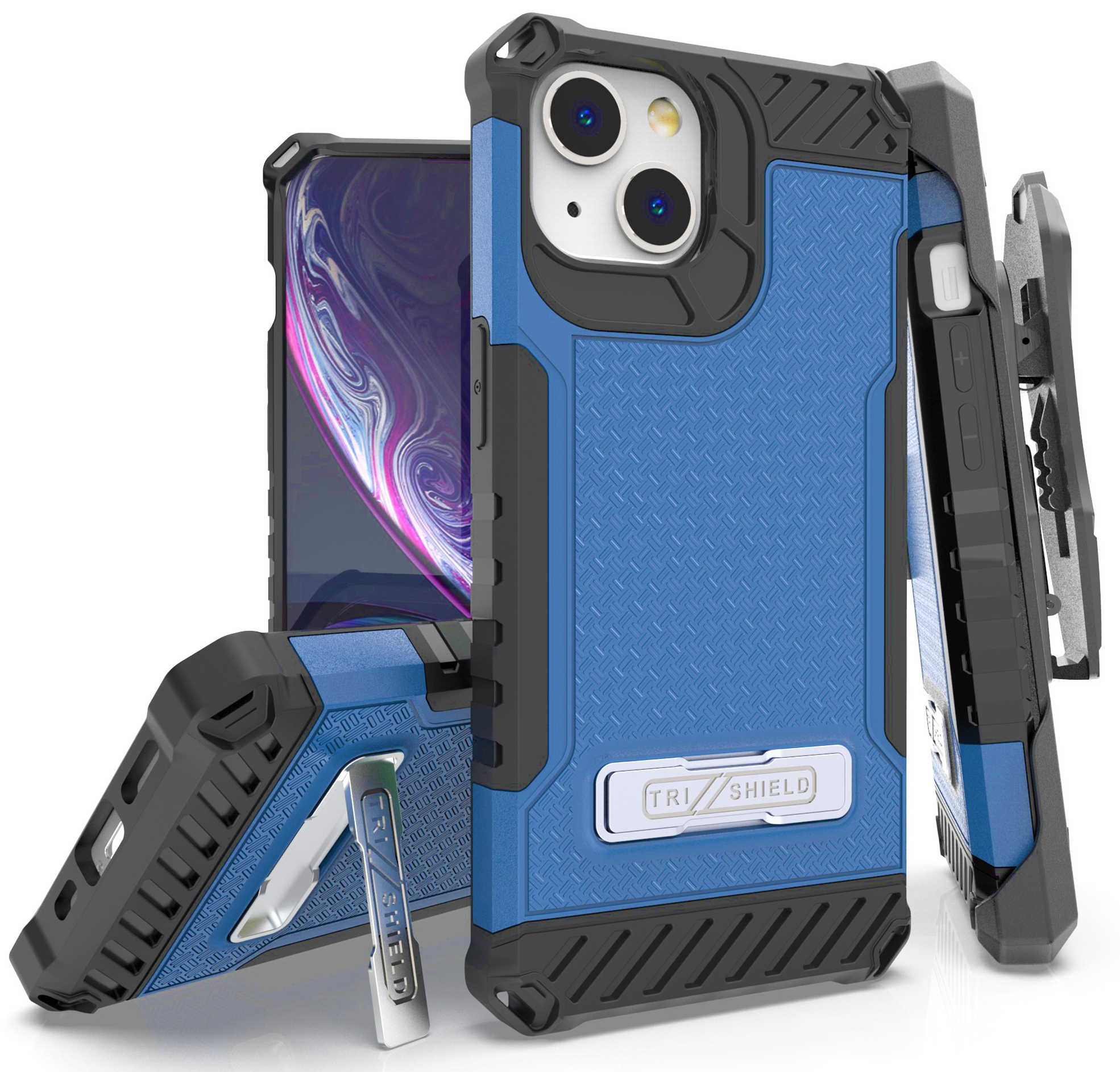 Tri-Shield Rugged Case with Stand + Belt Clip Holster + Strap for iPhone 13