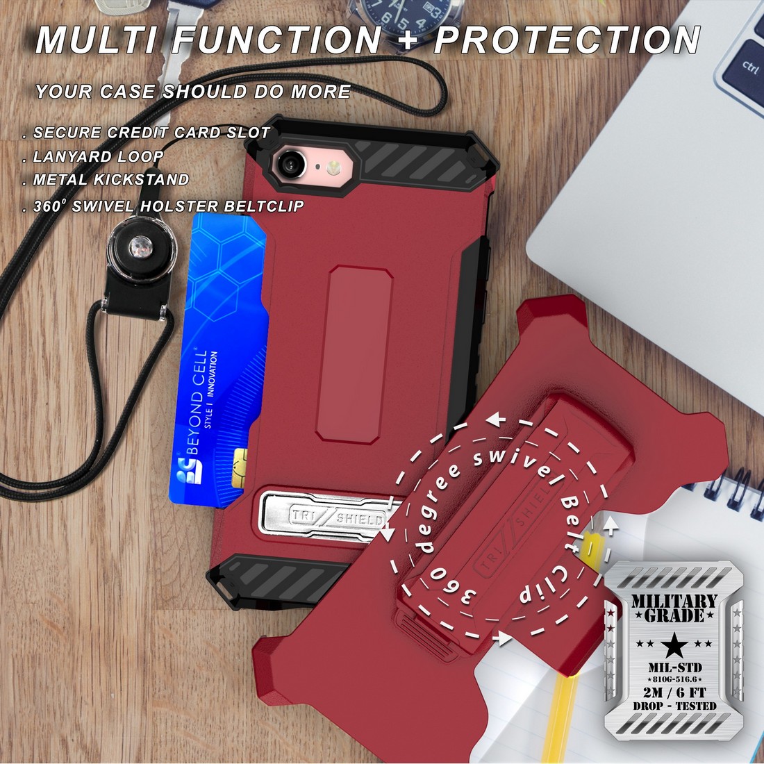 Tri-Shield Rugged Case Stand Card Slot Strap Belt Clip for iPhone SE 2022/2020 - Photo 18 sur 50