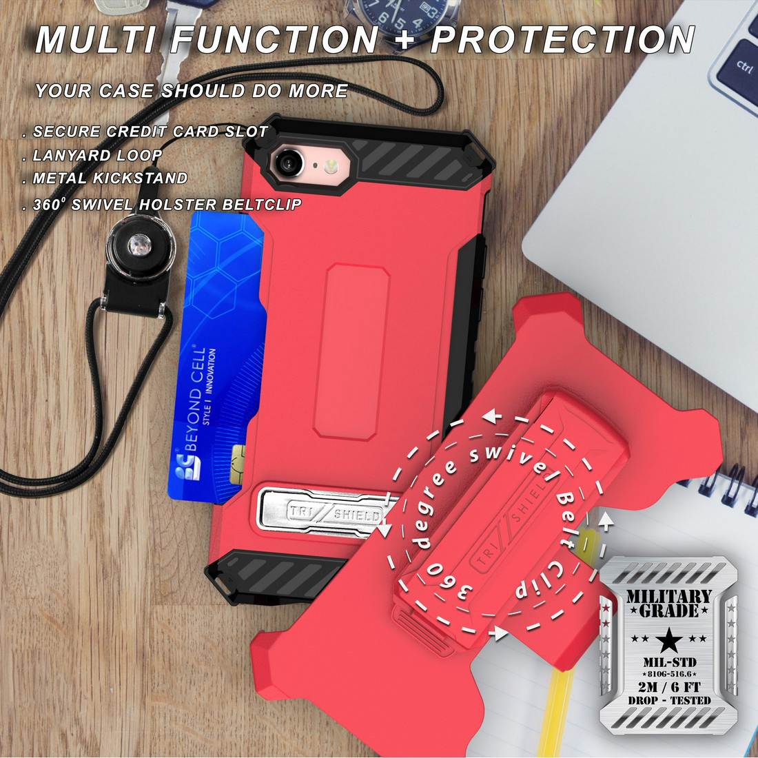 Tri-Shield Rugged Case Stand Card Slot Strap Belt Clip for iPhone SE 2022/2020 - Photo 25 sur 50