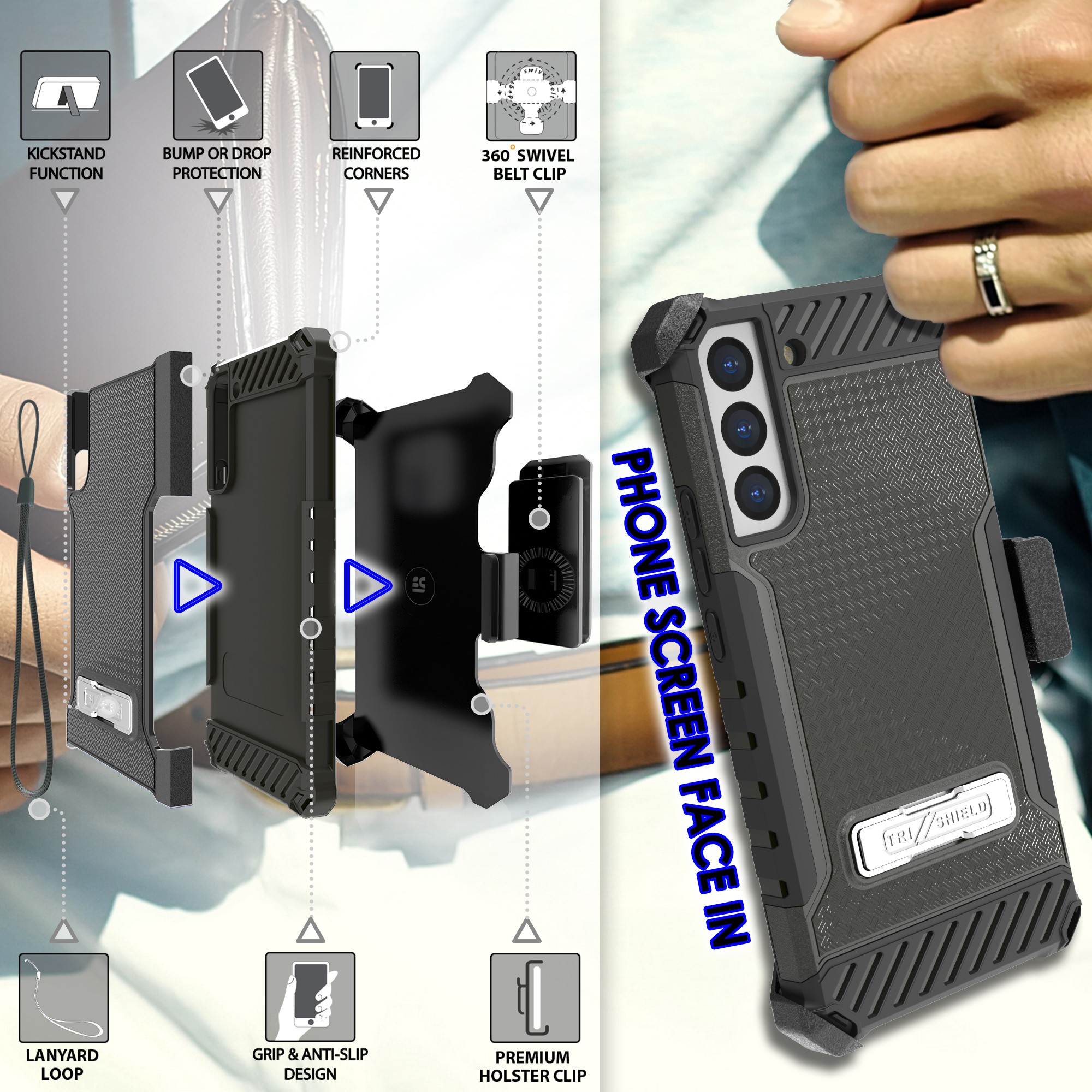 Tri-Shield Rugged Case Stand + Belt Clip Holster + Strap for Galaxy S22 Plus 5G