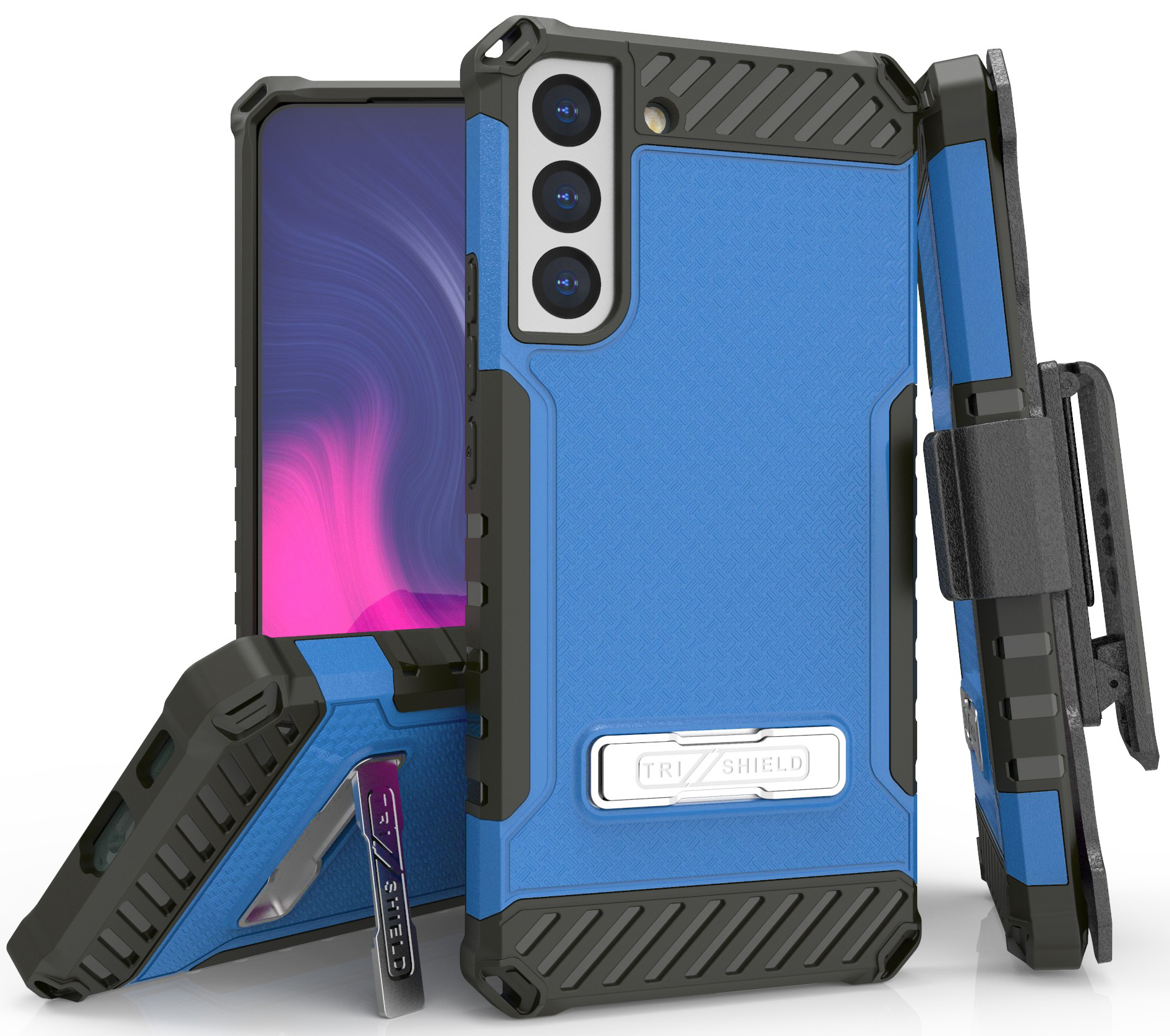 Tri-Shield Rugged Case with Stand + Belt Clip Holster + Strap for Galaxy S22 5G
