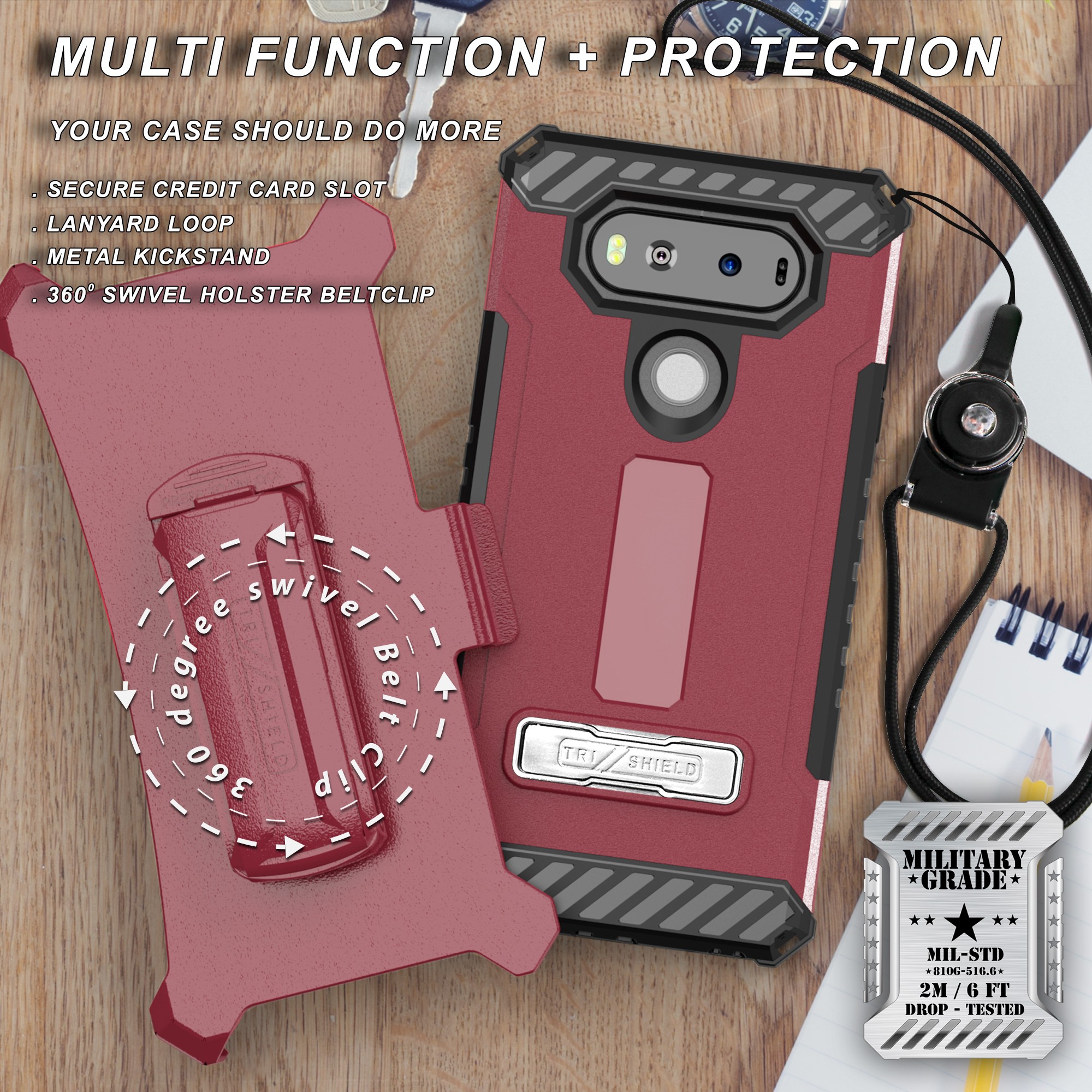TRI-SHIELD CASE with MAGNETIC KICKSTAND + BELT CLIP HOLSTER + STRAP FOR LG V20 - Picture 19 of 44