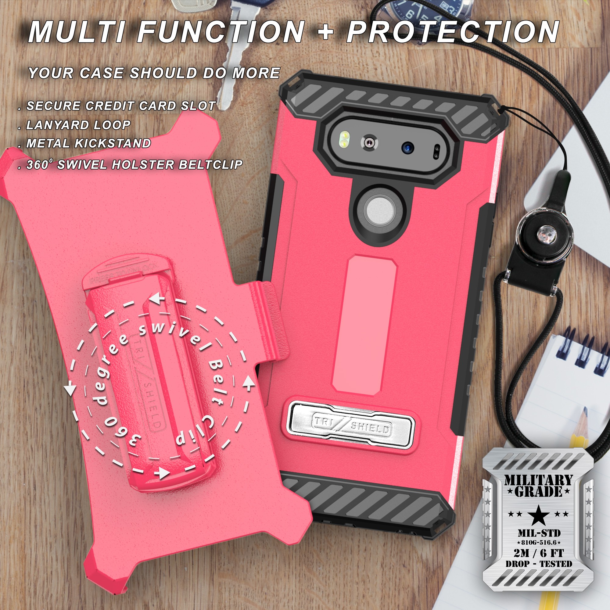 TRI-SHIELD CASE with MAGNETIC KICKSTAND + BELT CLIP HOLSTER + STRAP FOR LG V20 - Picture 25 of 44