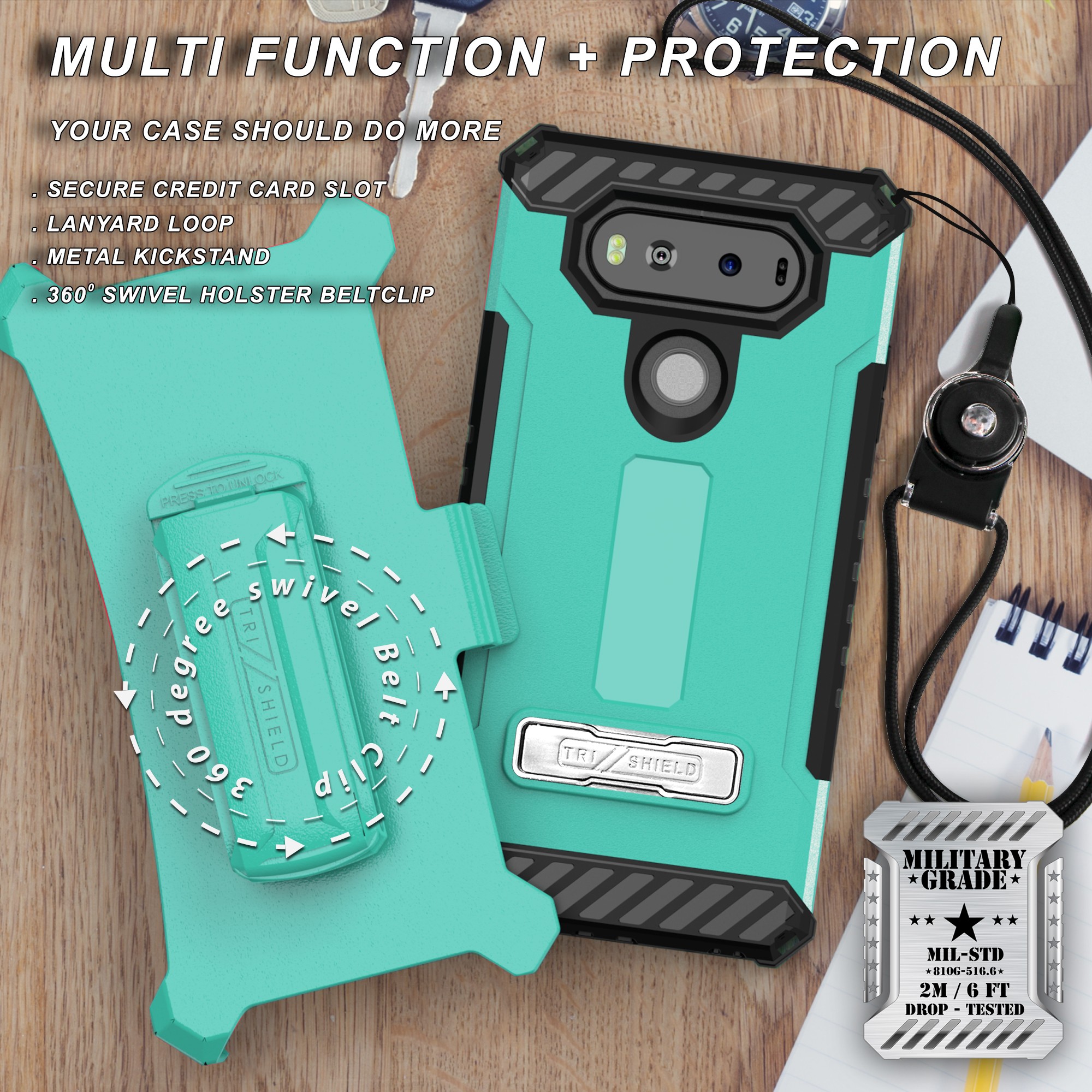 TRI-SHIELD CASE with MAGNETIC KICKSTAND + BELT CLIP HOLSTER + STRAP FOR LG V20 - Picture 31 of 44