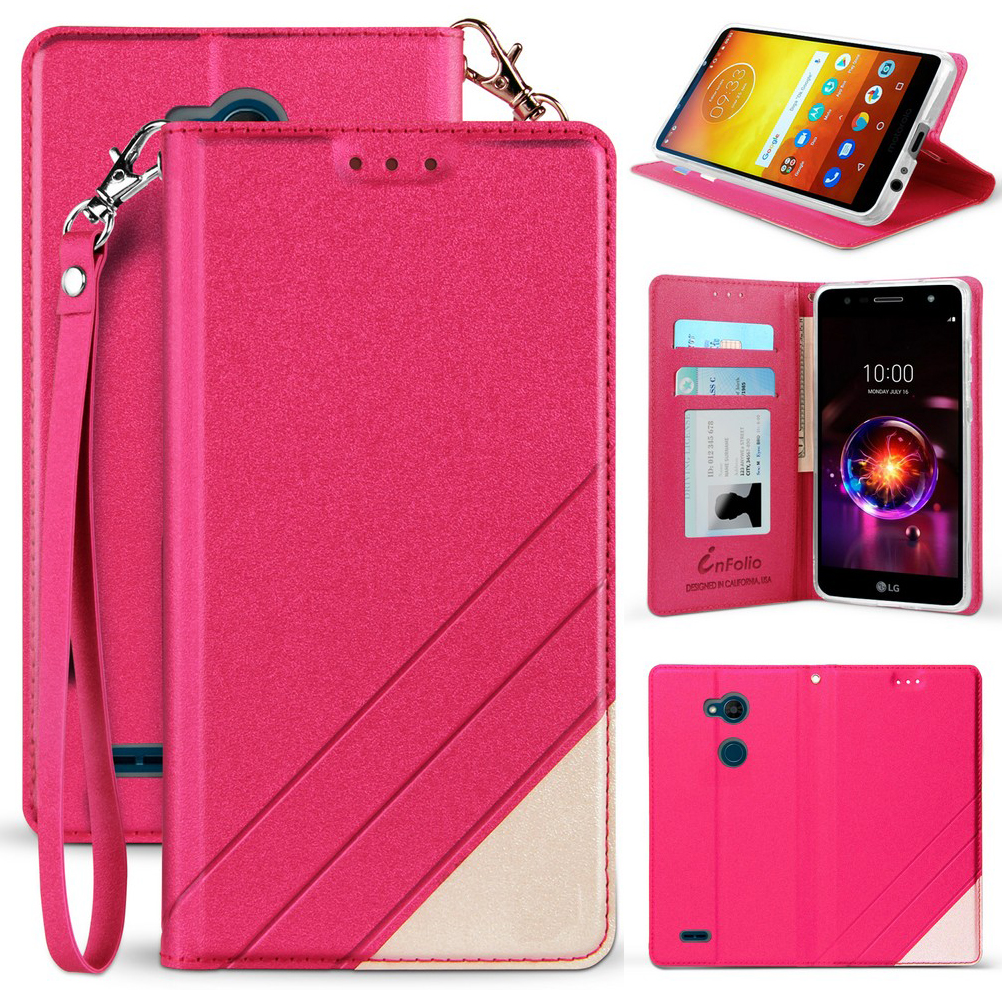 Folio Wallet Case ID Card Slot Cover Stand + Wrist Strap for LG X Power 3 (2018)