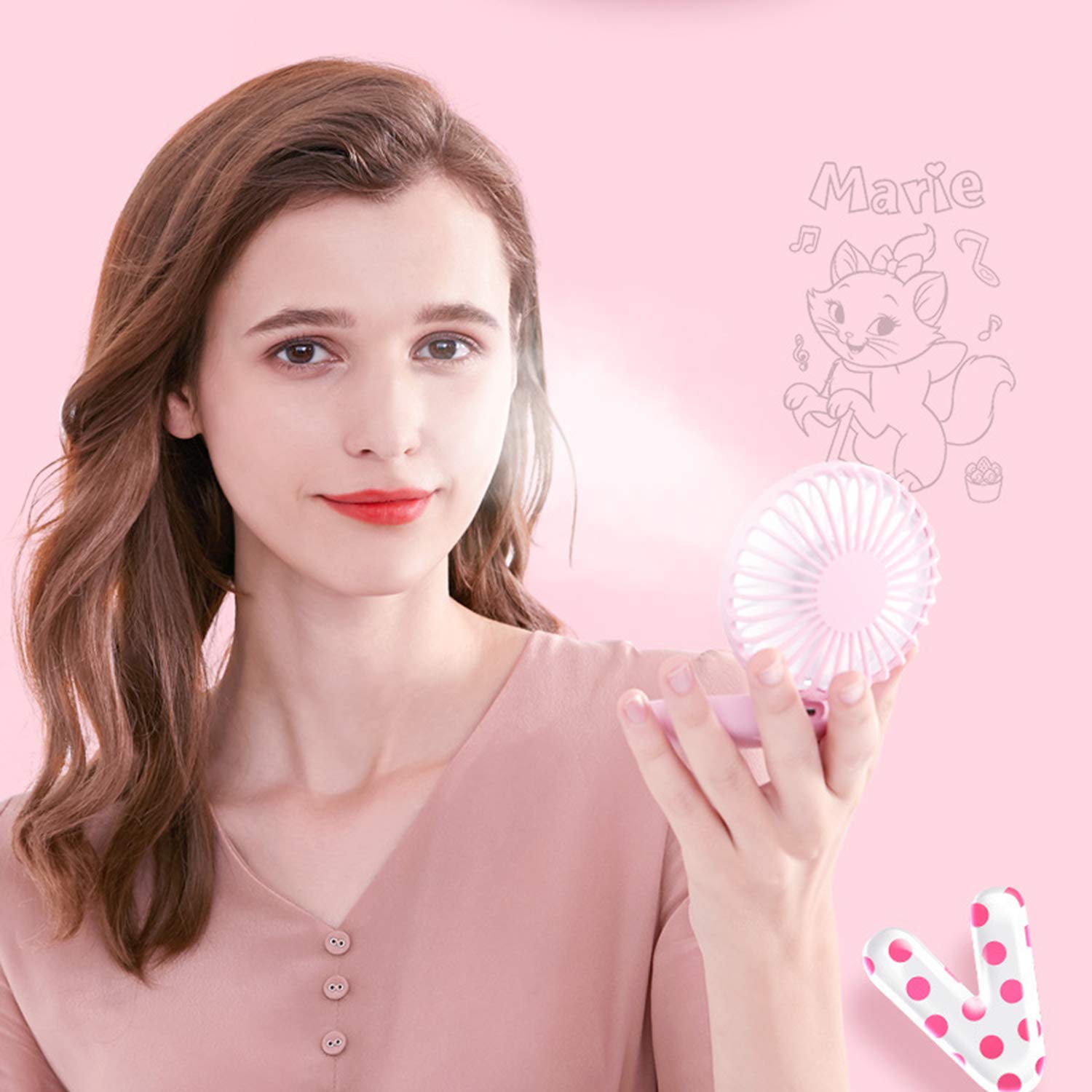 Lucky Cat Portable Necklace Personal Fan and Handheld Make Up Mirror