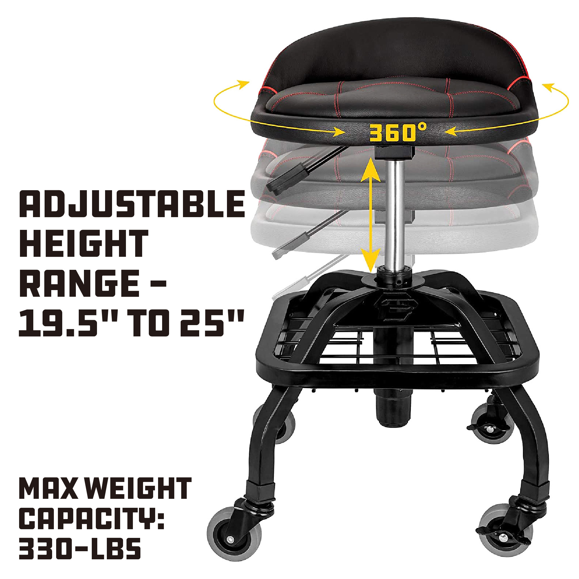 Powerbuilt 330LBS Padded Rolling Shop Seat with Lumbar Support