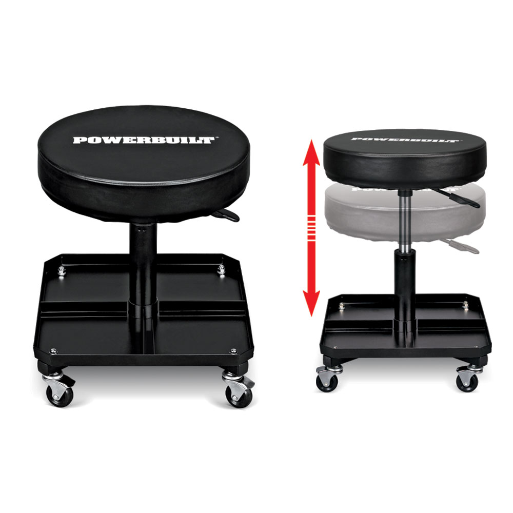 Powerbuilt Pneumatic HeightAdjustable Roller Seat with Tool Tray
