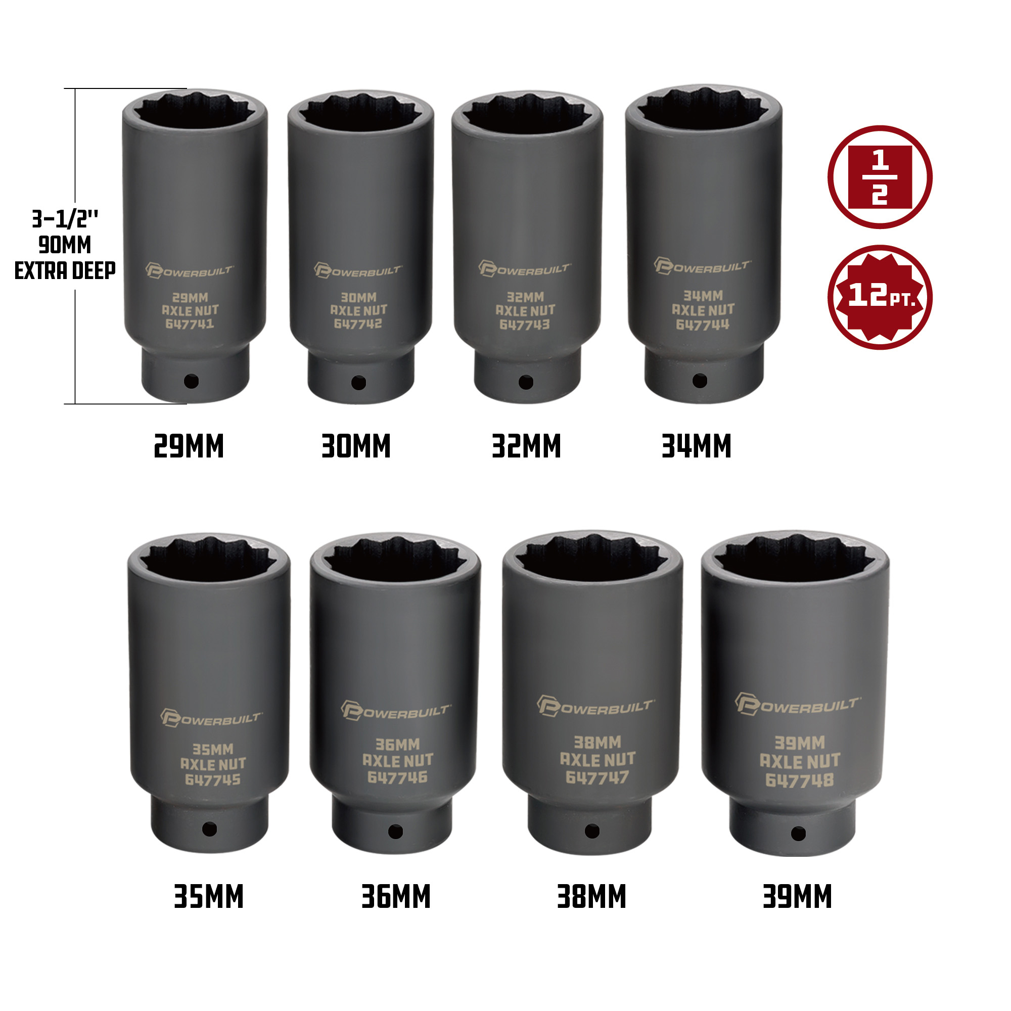 Powerbuilt 8 Piece 1/2in. Drive Impact Rated Metric Axle Nut Socket
