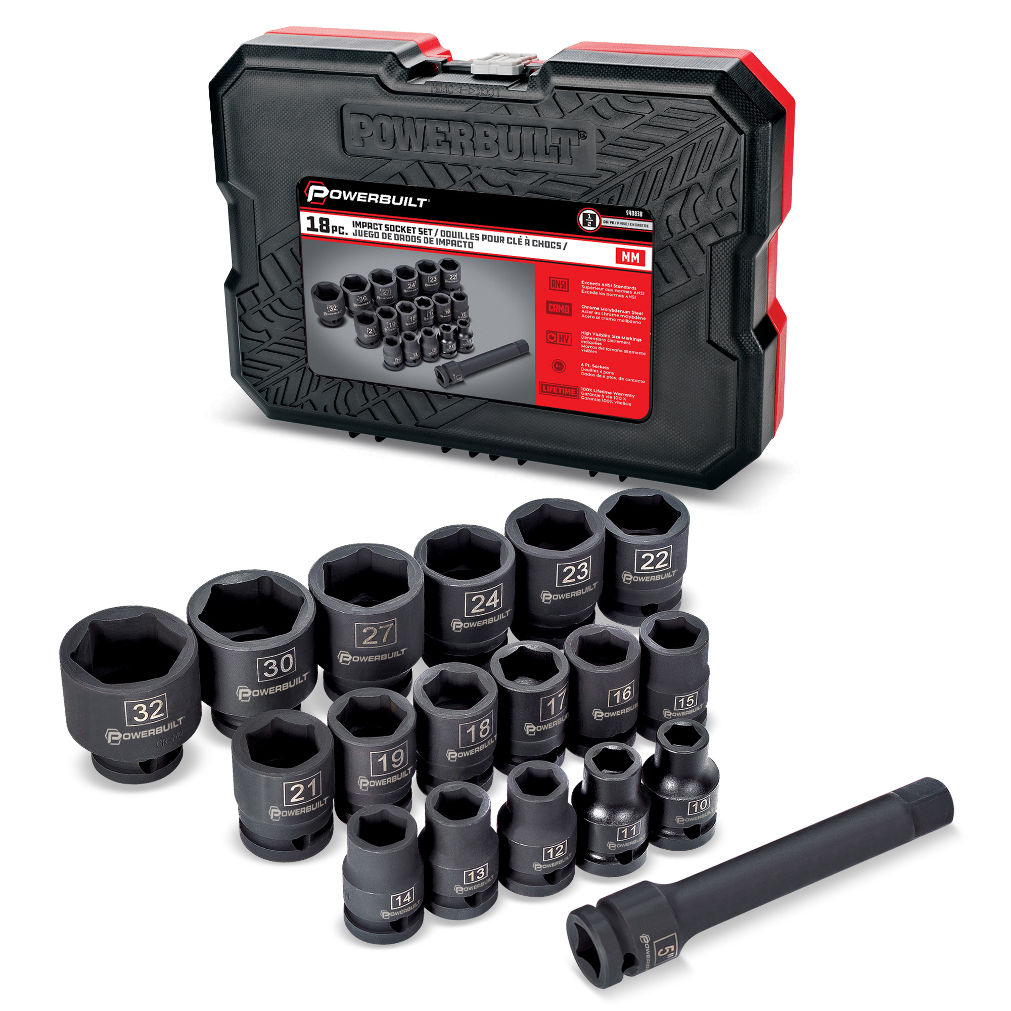 Powerbuilt 18 Pc. 1/2 in. Drive Metric Impact Socket Set, Chrome Moly