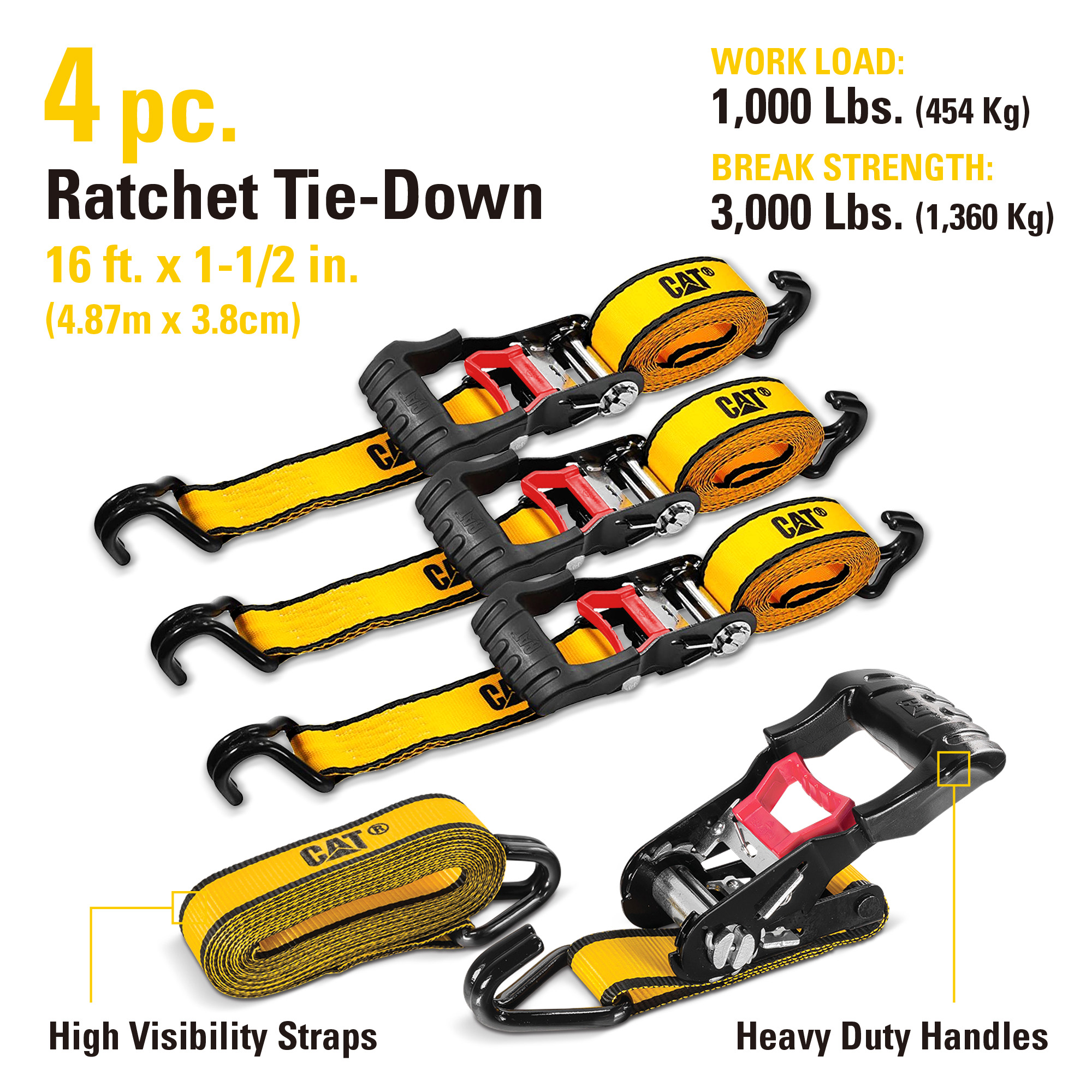 Cat 4 Piece Ratchet Tie Down Set with Soft Hooks 16 Feet x 11/2