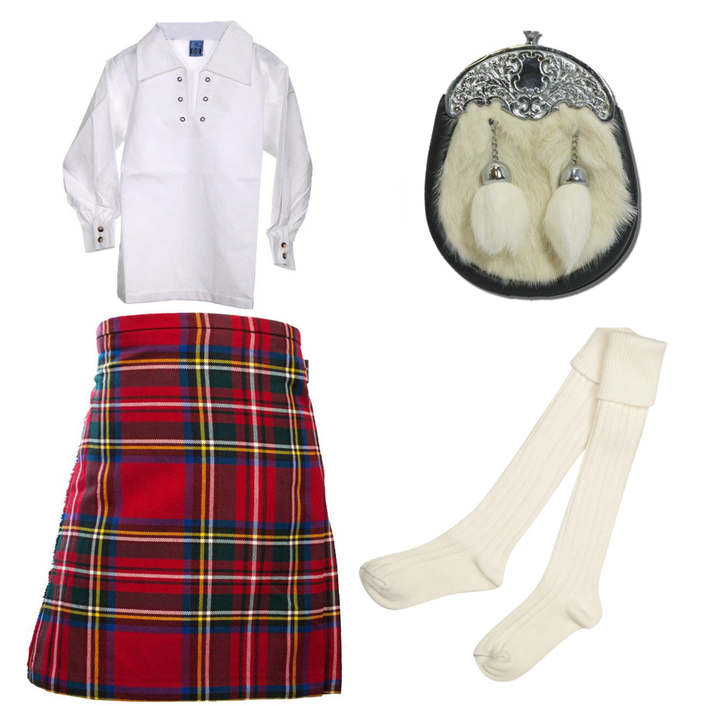 Kids 4 Piece Package Kilt Socks Shirt Sporran Royal Stewart Age 0