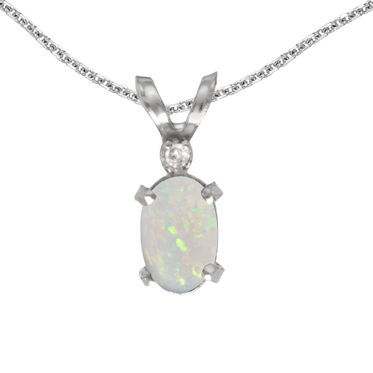 10k White Gold Oval Opal And Diamond Pendant with 18/" Chain