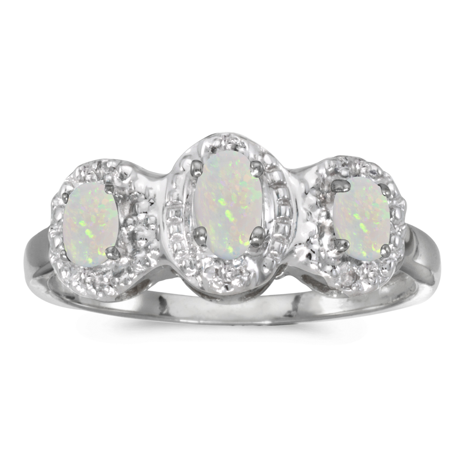 10k White Gold Oval Opal And Diamond Three Stone Ring
