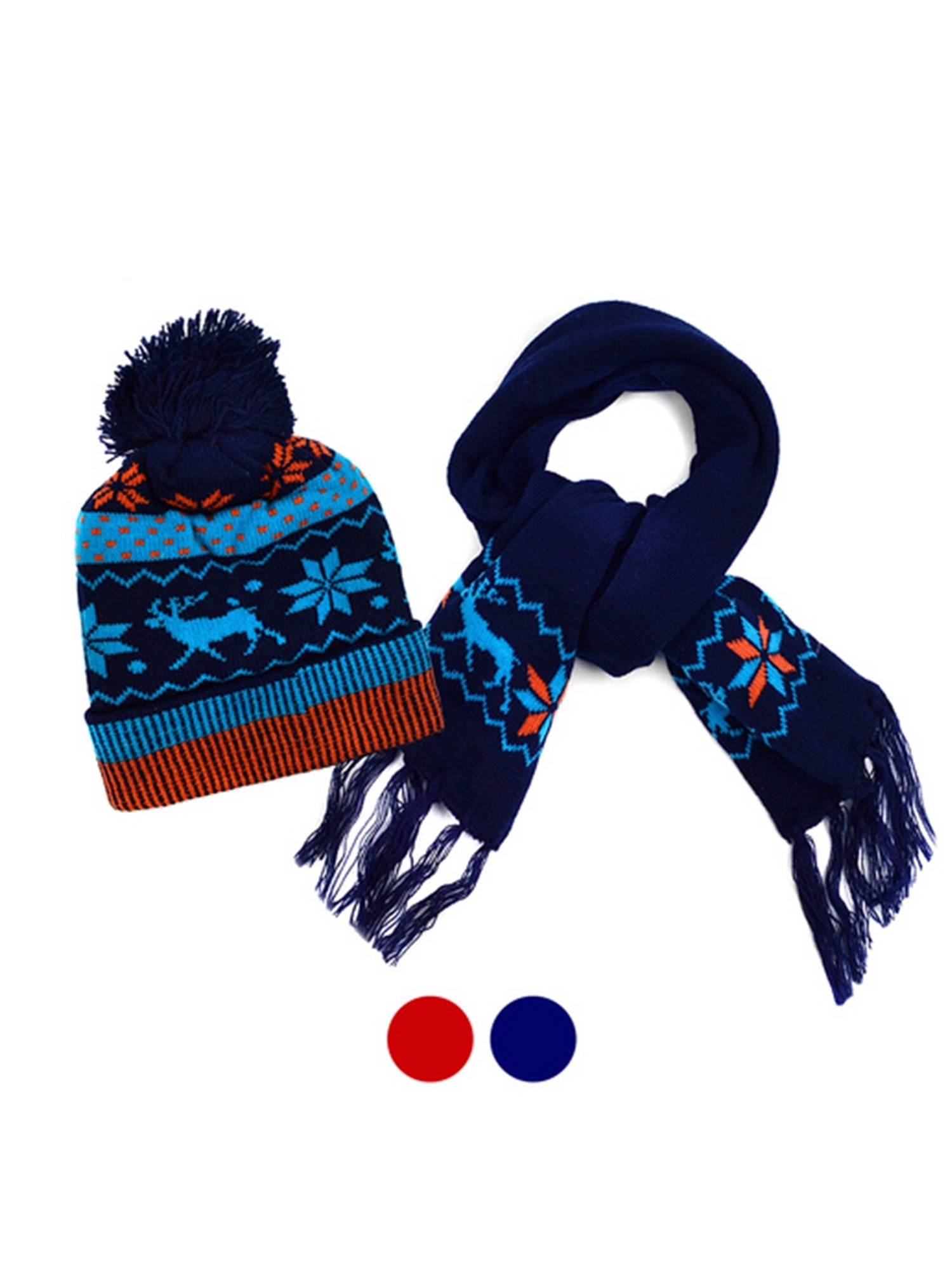 Kids Boys Girls Snowflake Reindeer Pom Beanie Hat and Scarf Set