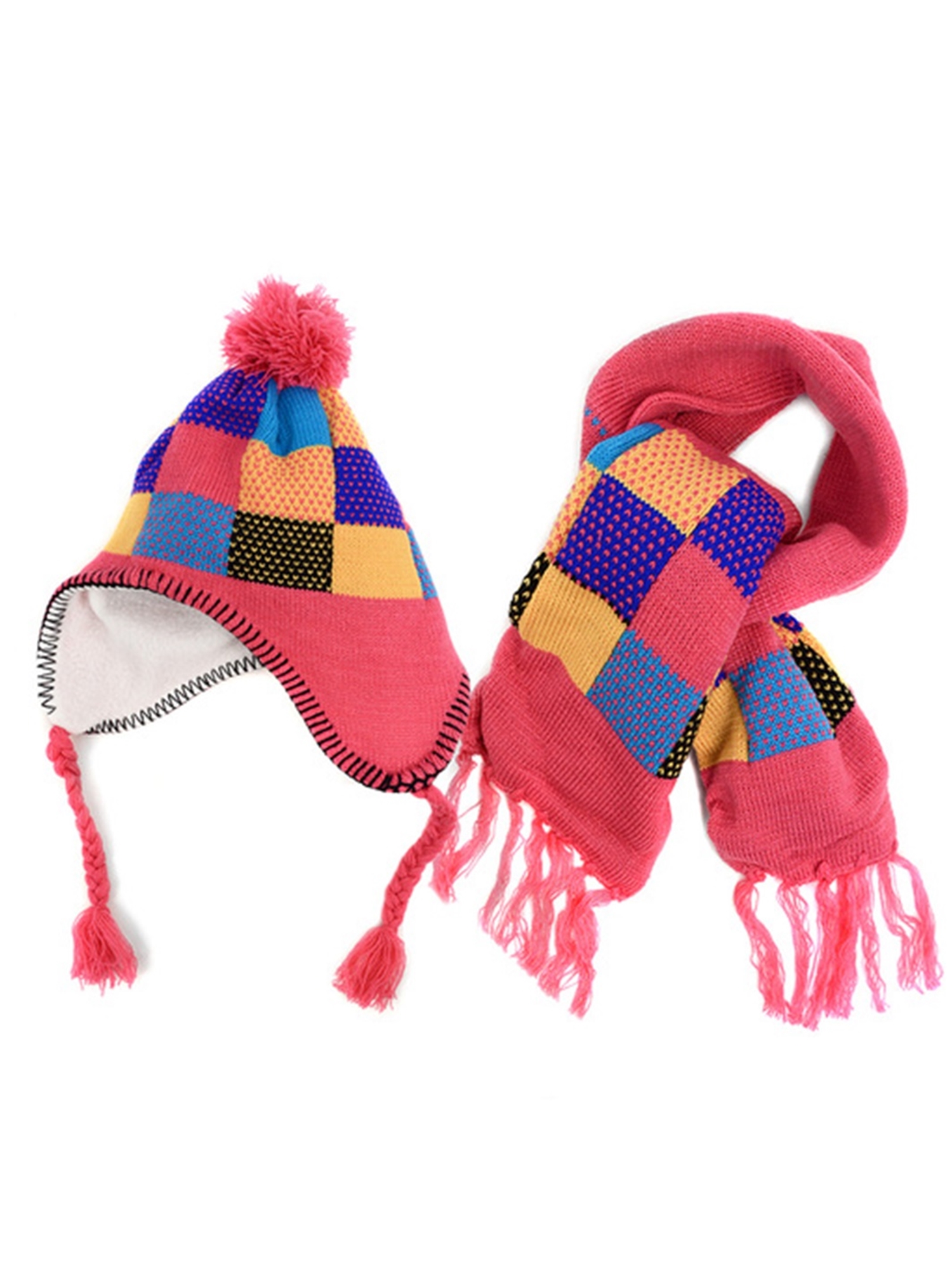 Kids Boys Girls Snowflake Reindeer Pom Beanie Hat and Scarf Set