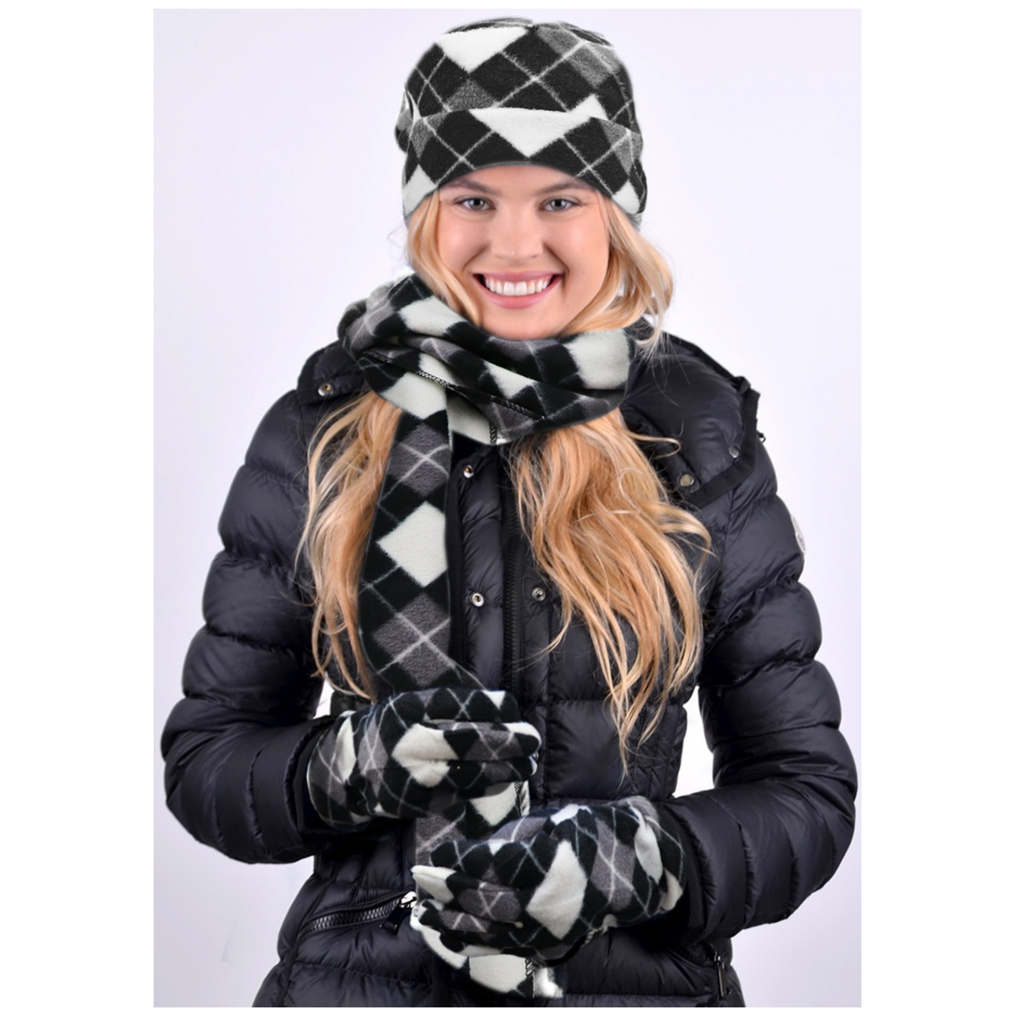 Set invernale donna a quadri 3 pezzi in pile guanti sciarpa cappello - Foto 7 di 17