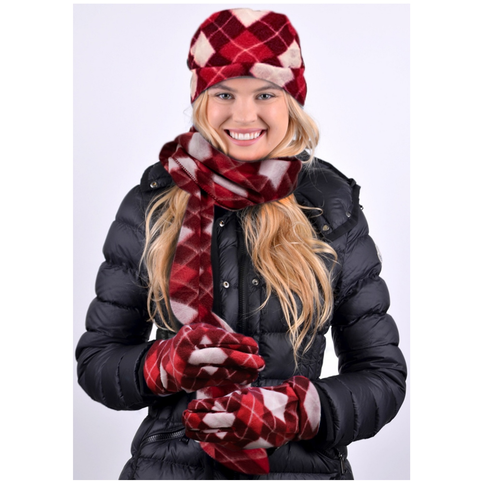 Set invernale donna a quadri 3 pezzi in pile guanti sciarpa cappello - Foto 12 di 17