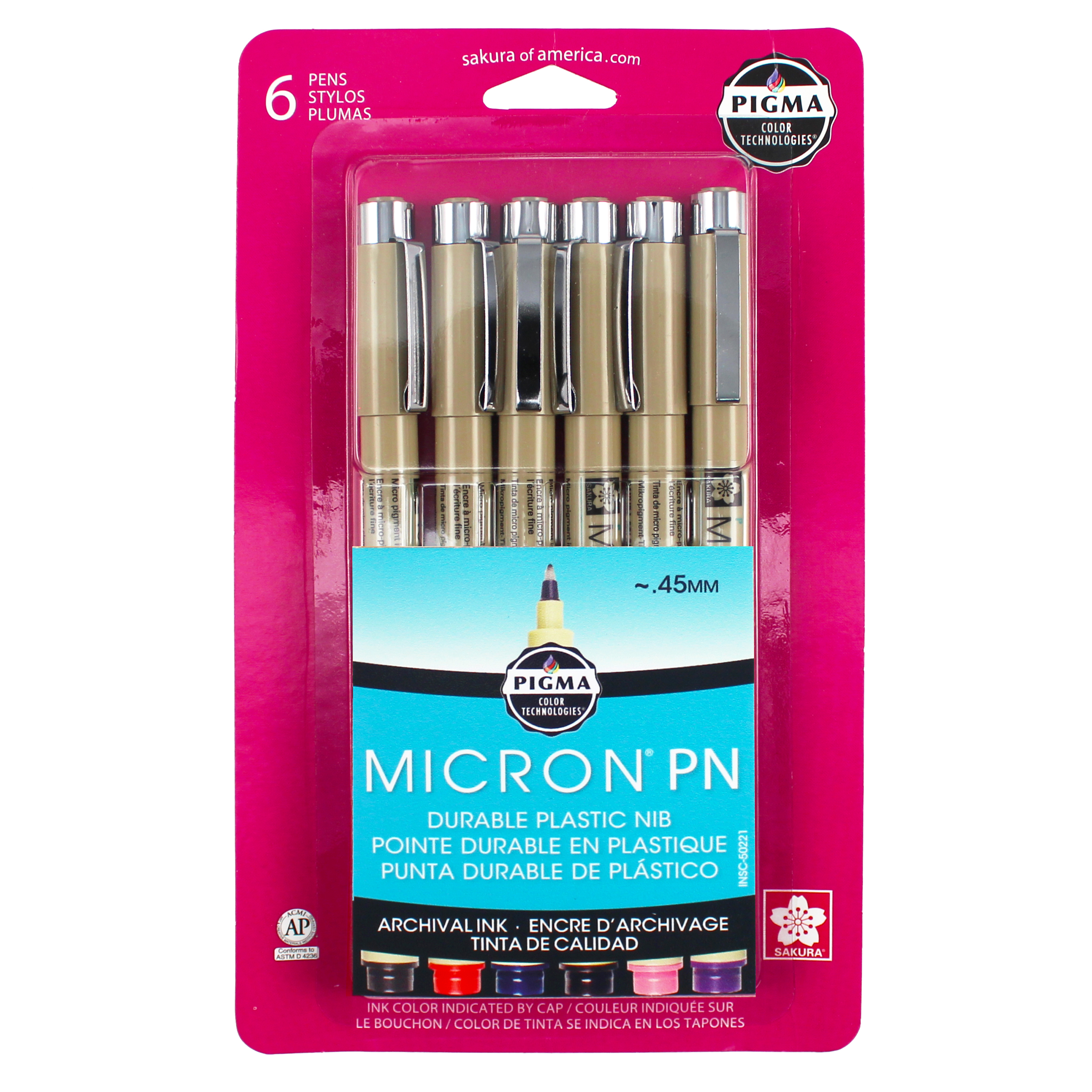 Sakura Micron PN Pigma Pens 6 Colors Set Durable Plastic Nibs Archival Ink .45mm