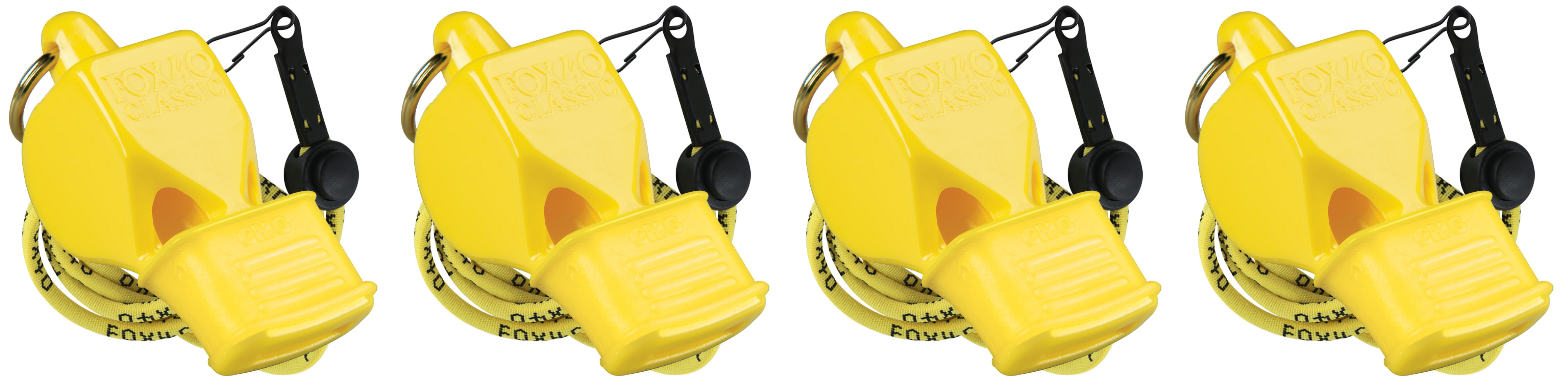 Fox 40 Classic CMG Safety 3-Chamber Pealess Whistle + Lanyard, Yellow (4-Pack)