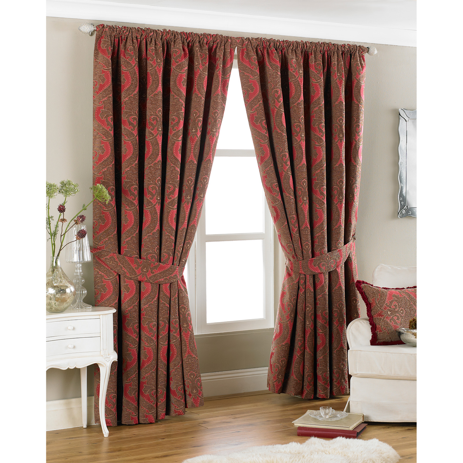New Luxury Damask Curtains Ready Made Pencil Pleat Curtain Pair + Tie