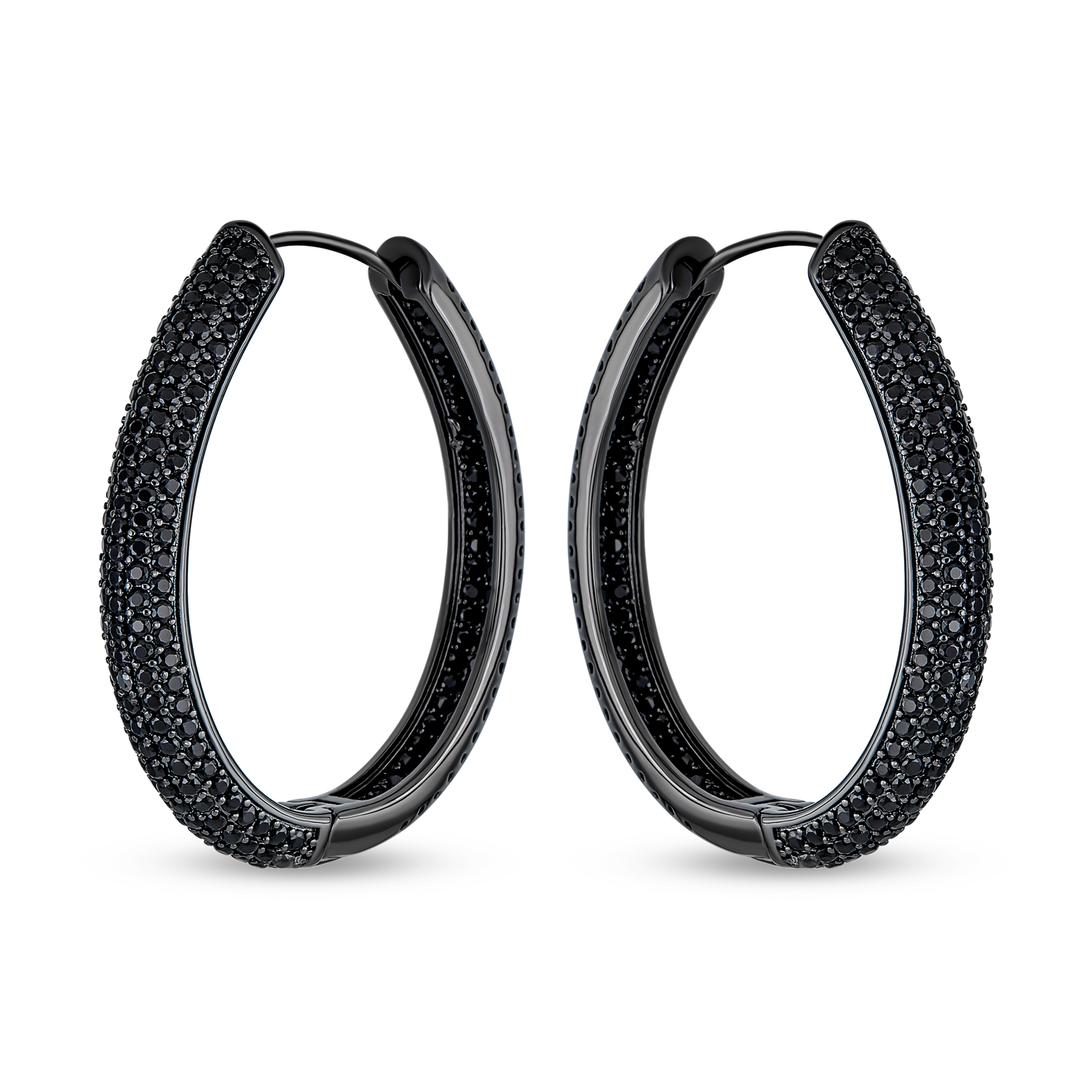 Large Black Pave CZ Oval Inside Out Hoops Earrings Prom Black Plated