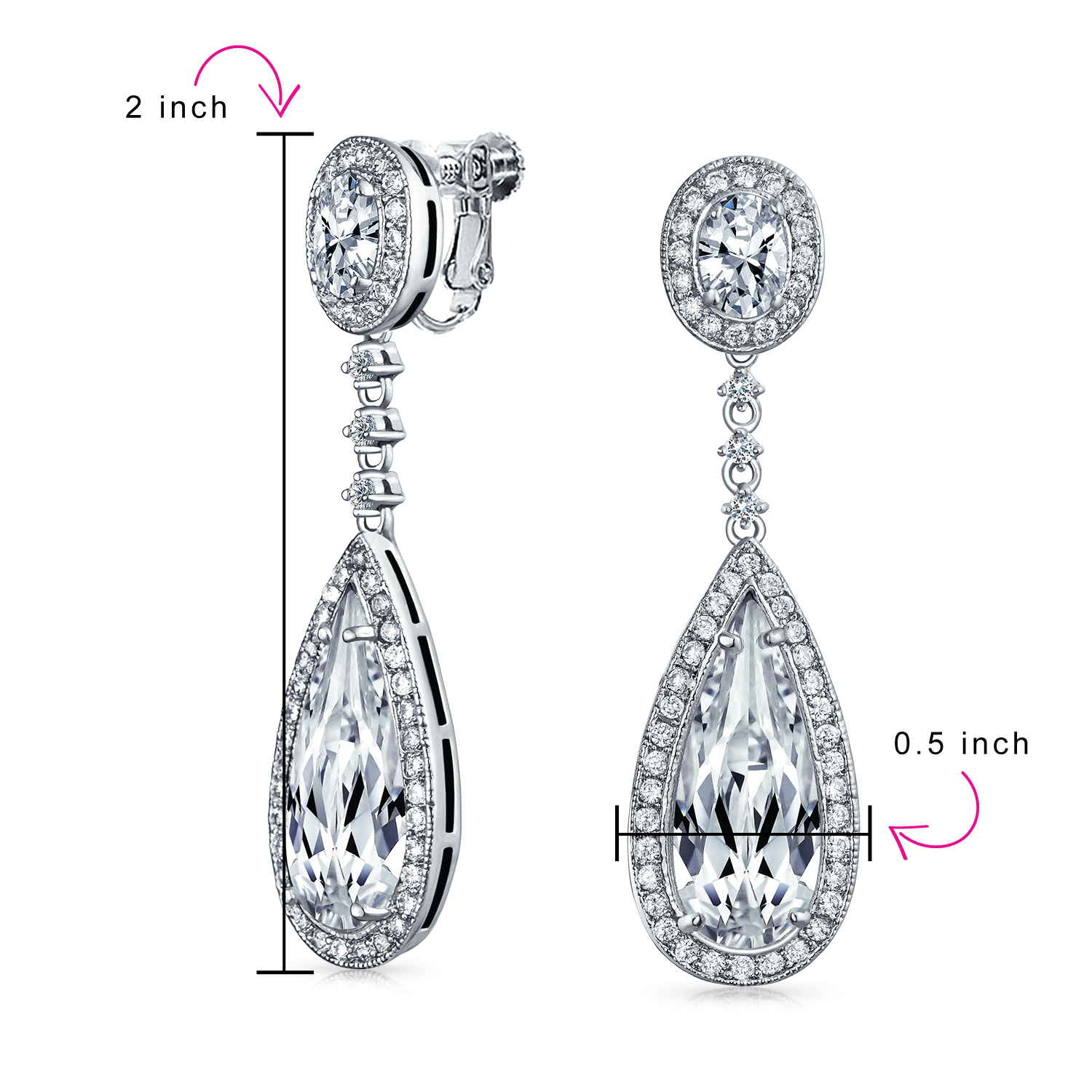 Statement Teardrop CZ Dangle Chandelier Clip-On Earrings Silver Plated - Picture 10 of 24
