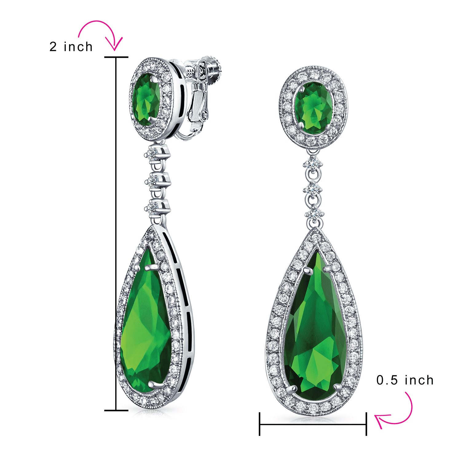 Statement Teardrop CZ Dangle Chandelier Clip-On Earrings Silver Plated - Picture 18 of 24