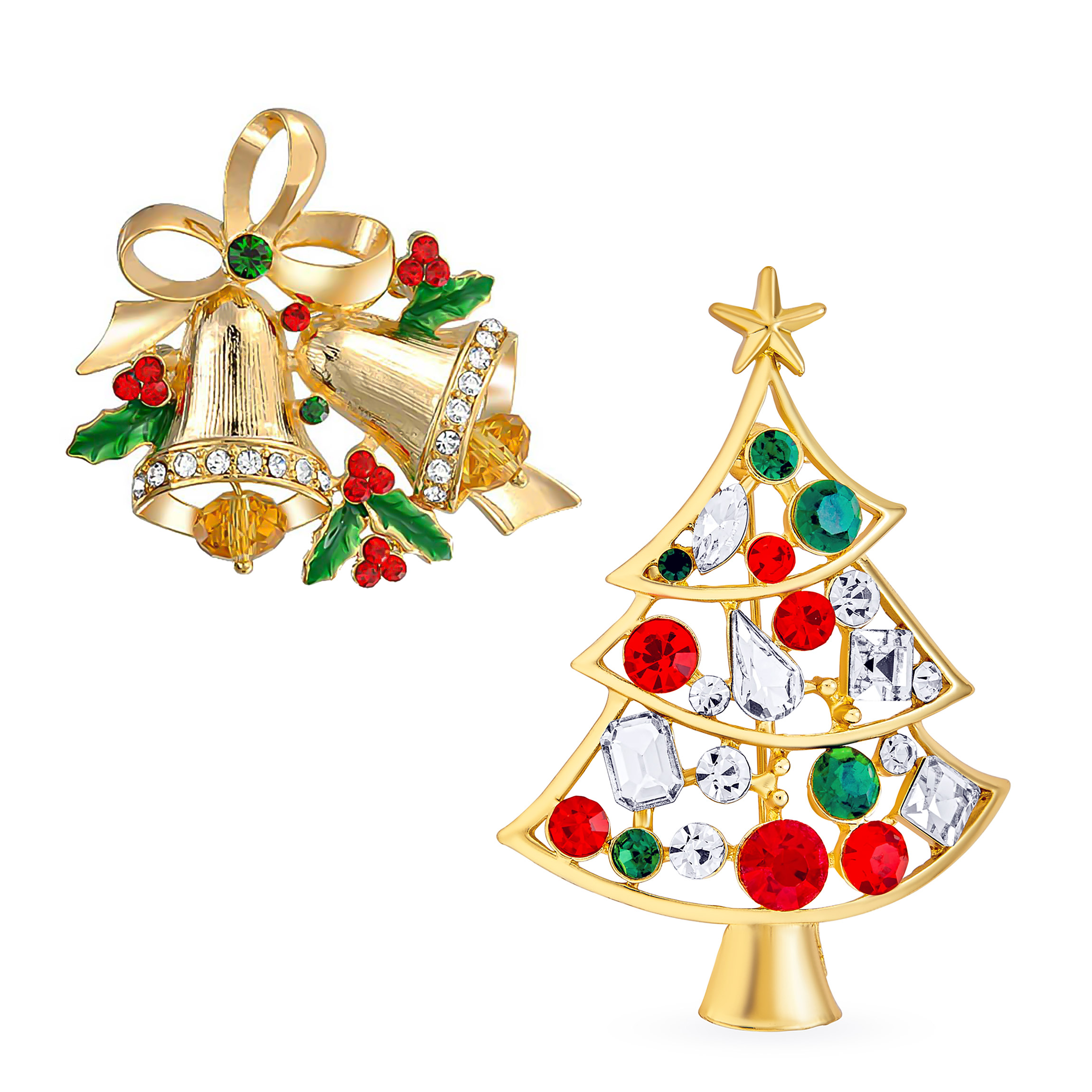 Large Statement Crystal Holly Christmas Tree & Bell Scarf Brooch Pin Gold Plated - Picture 12 of 14