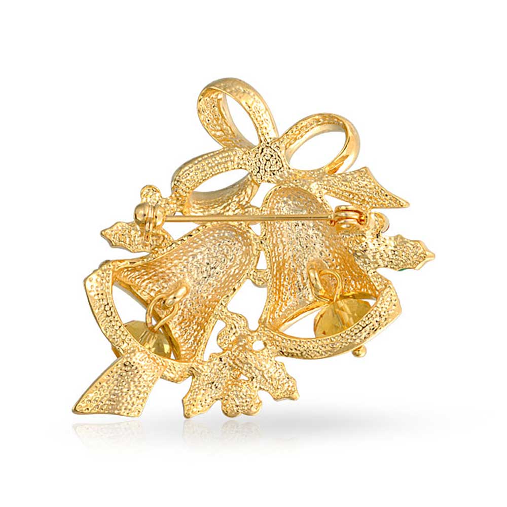 Large Statement Crystal Holly Christmas Tree & Bell Scarf Brooch Pin Gold Plated - Picture 9 of 14