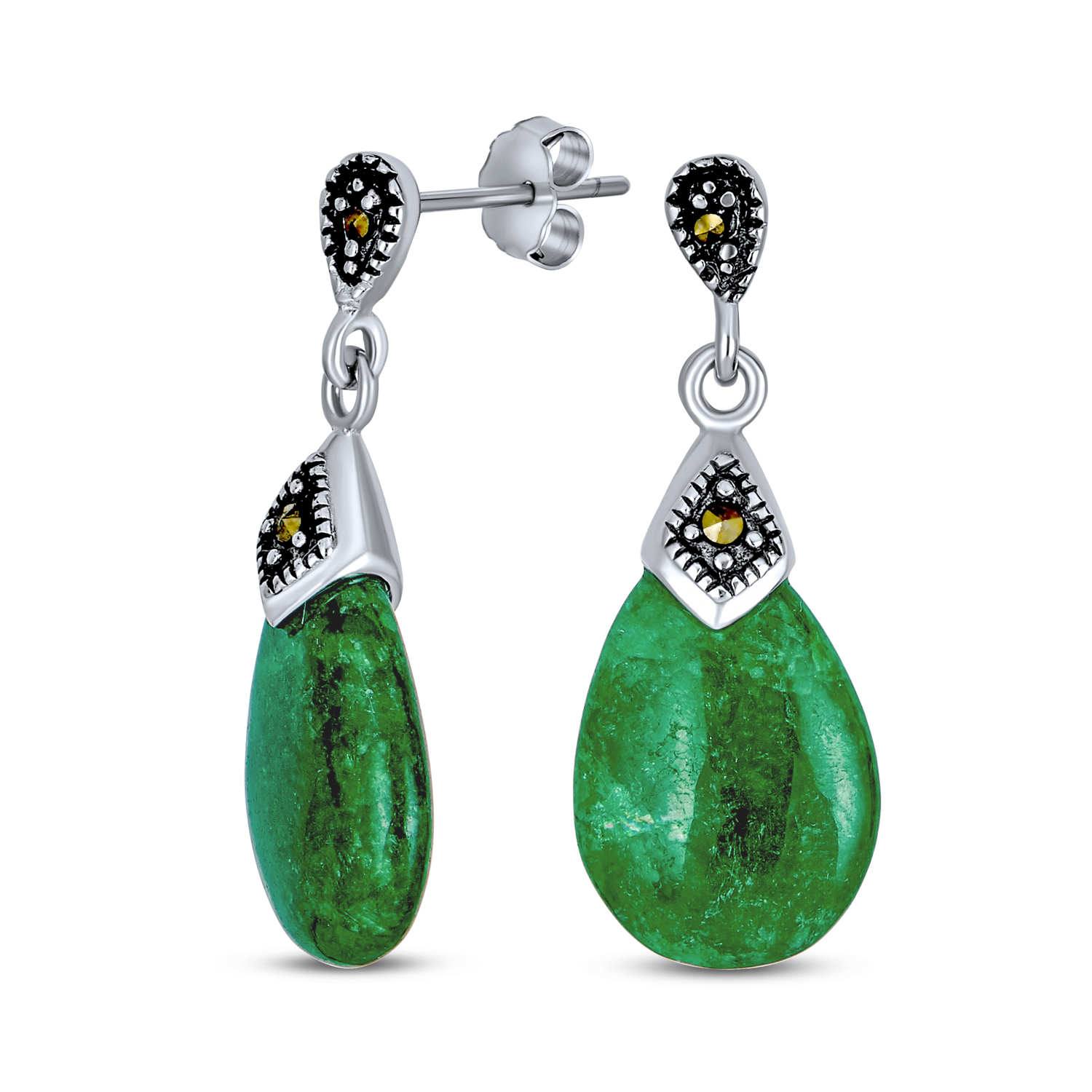Green Jade Marcasite Teardrop Dangle Stud Earrings Sterling Silver eBay