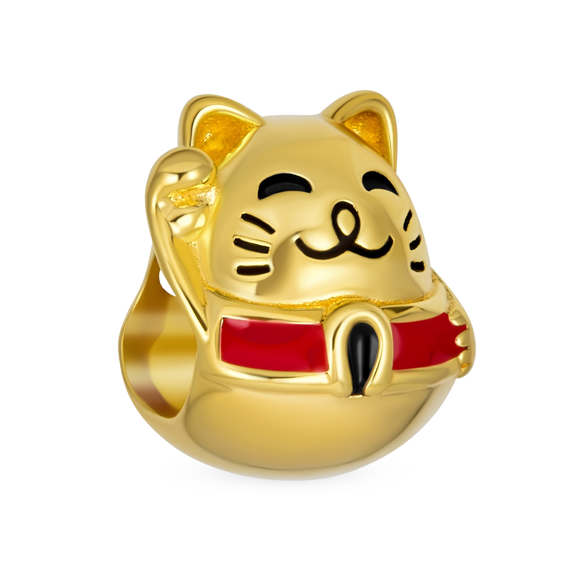 Yellow Maneki Neko Lucky Cat Charm Bead 14k Gold Plated Fits European Bracelet - Product main view