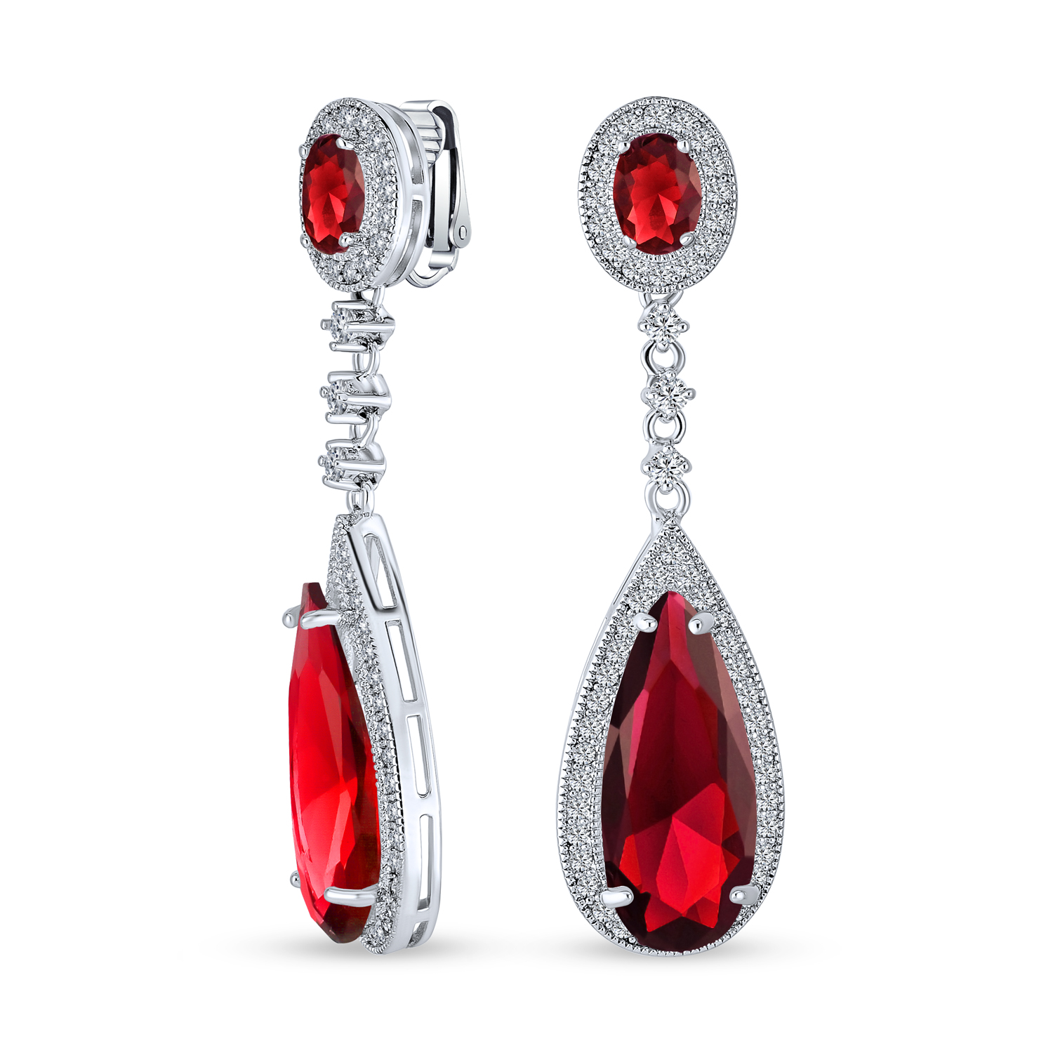 Statement Teardrop CZ Dangle Chandelier Clip-On Earrings Silver Plated - Picture 21 of 24