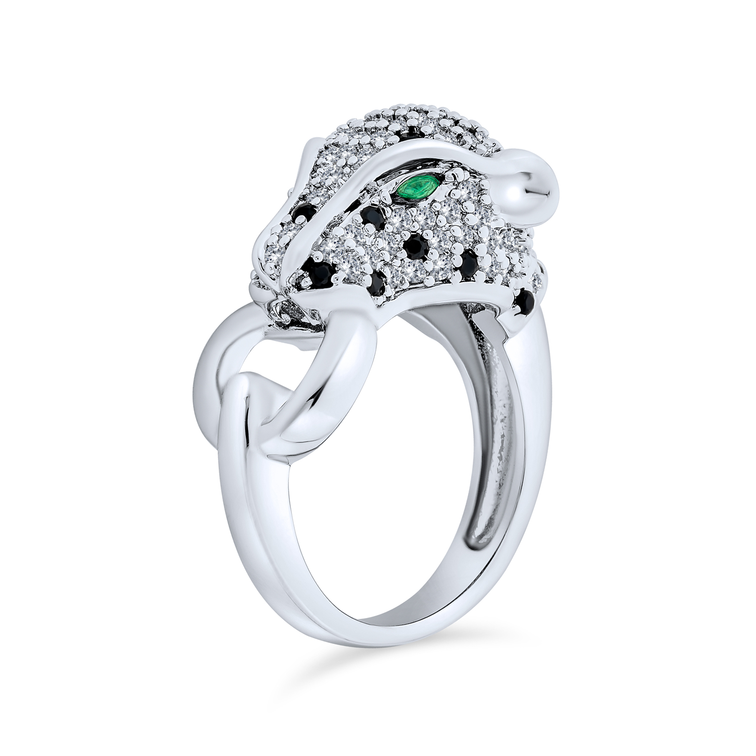 Green Eye Cubic Zirconia Cocktail Statement Ring Silver-Plated Panther Design - Picture 5 of 10