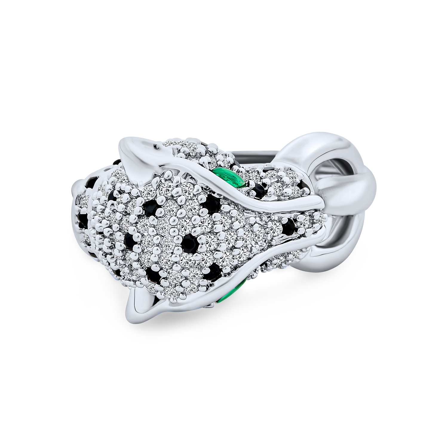 Green Eye Cubic Zirconia Cocktail Statement Ring Silver-Plated Panther Design - Picture 6 of 10