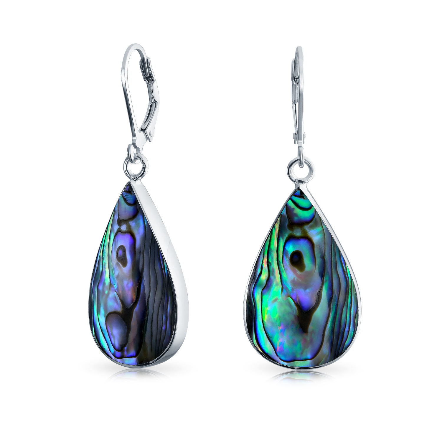 Rainbow Filigree Teardrop Leverback Abalone Shell Earrings Sterling Silver