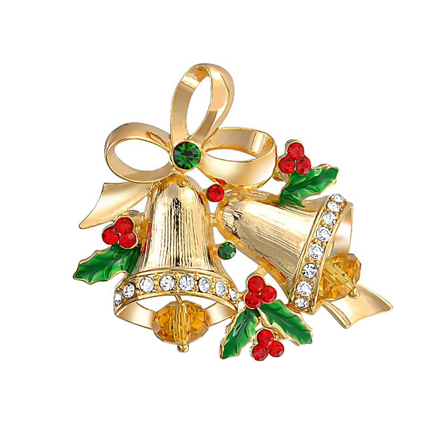 Large Statement Crystal Holly Christmas Tree & Bell Scarf Brooch Pin Gold Plated - Picture 8 of 14