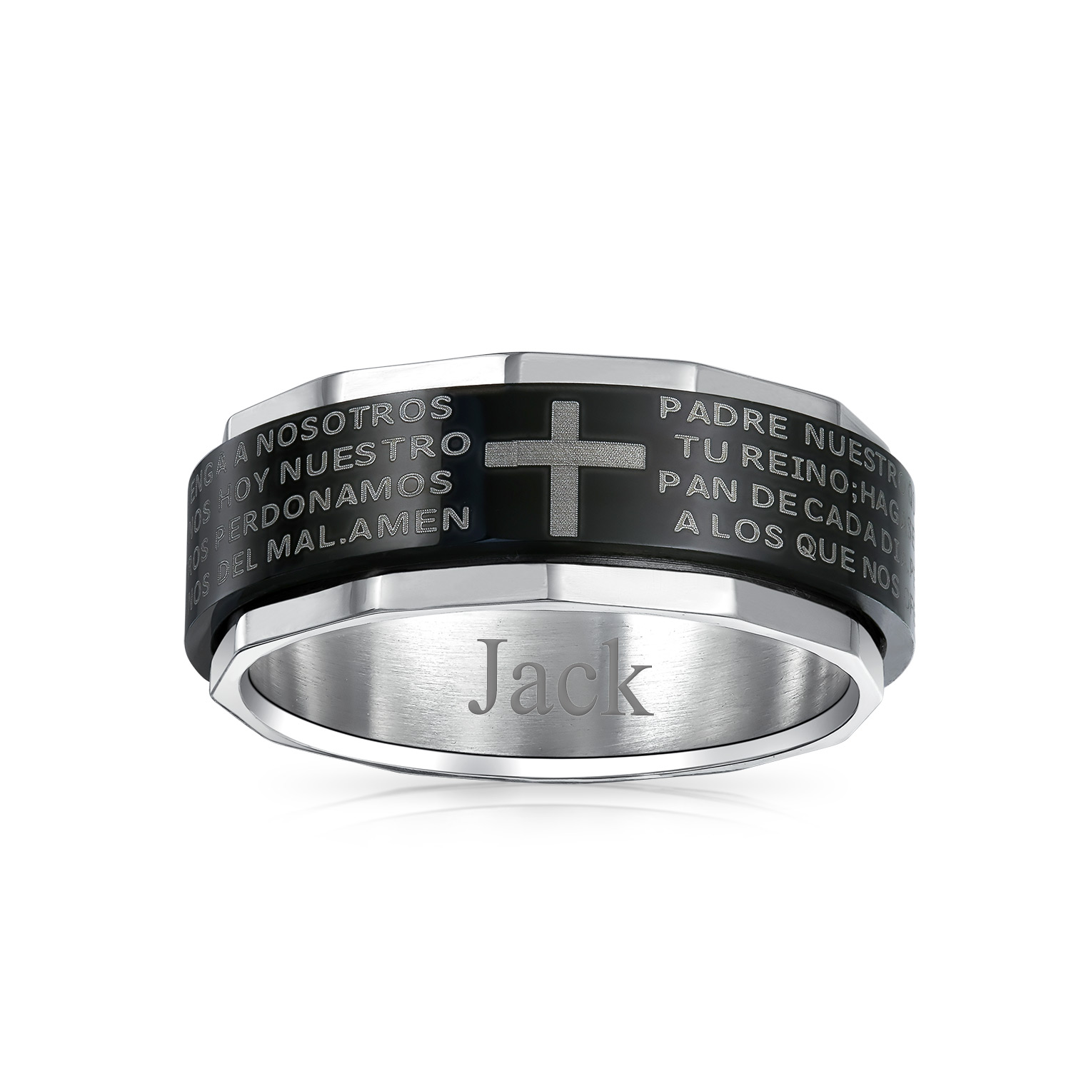 Mens Stainless Steel Religious Cross Black Spinner BRing - Lords Prayer Design - Picture 7 of 8