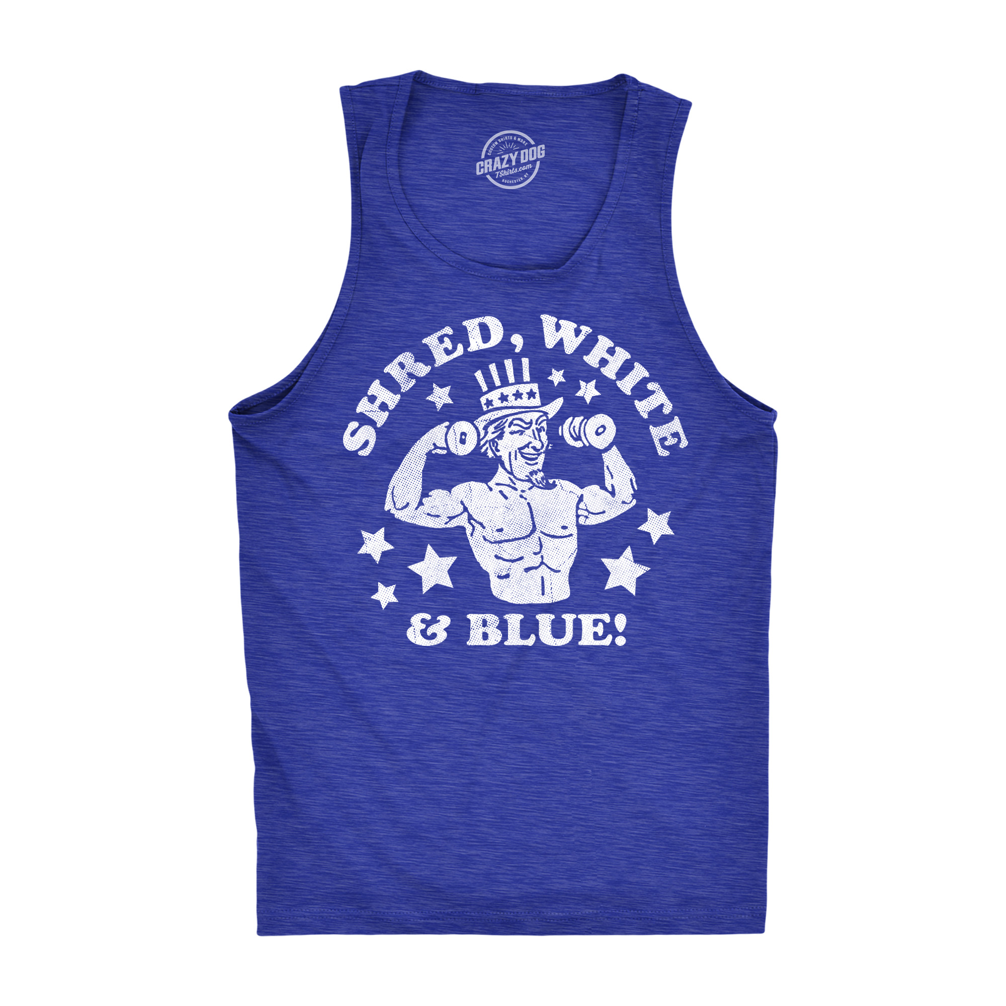 Mens Funny Fitness Tank Shred White and Blue Sarcastic Fourth Of
