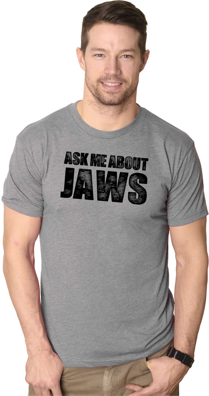 Mens Ask Me About Jaws Flip Up T Shirt Funny Ocean Shark Movie Tee for Guys