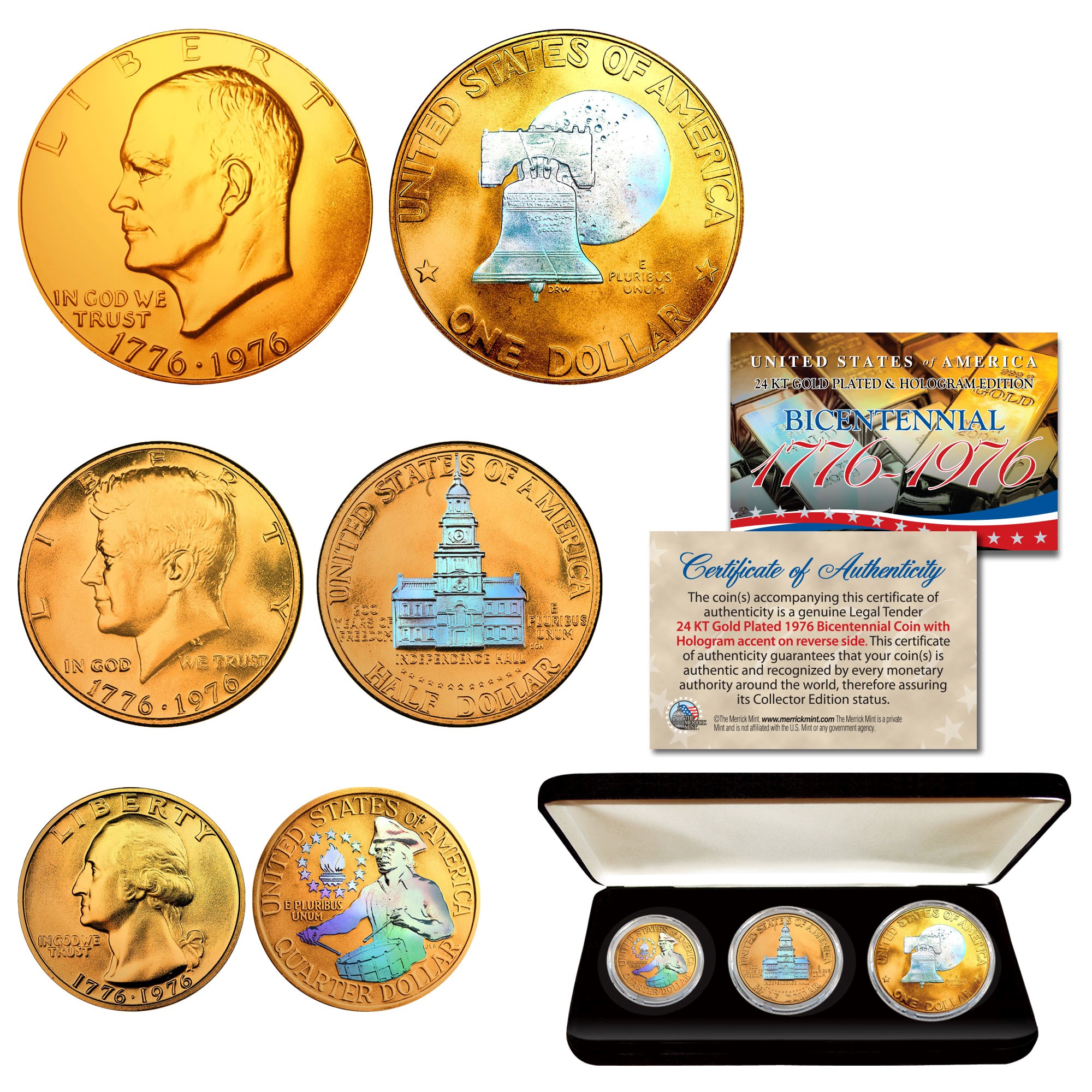 thumbnail image 2 of 1976 Bicentennial 3-Coin Set – 24K Gold Plated & Prism Hologram – JFK, Ike, Quarter 2 of 5