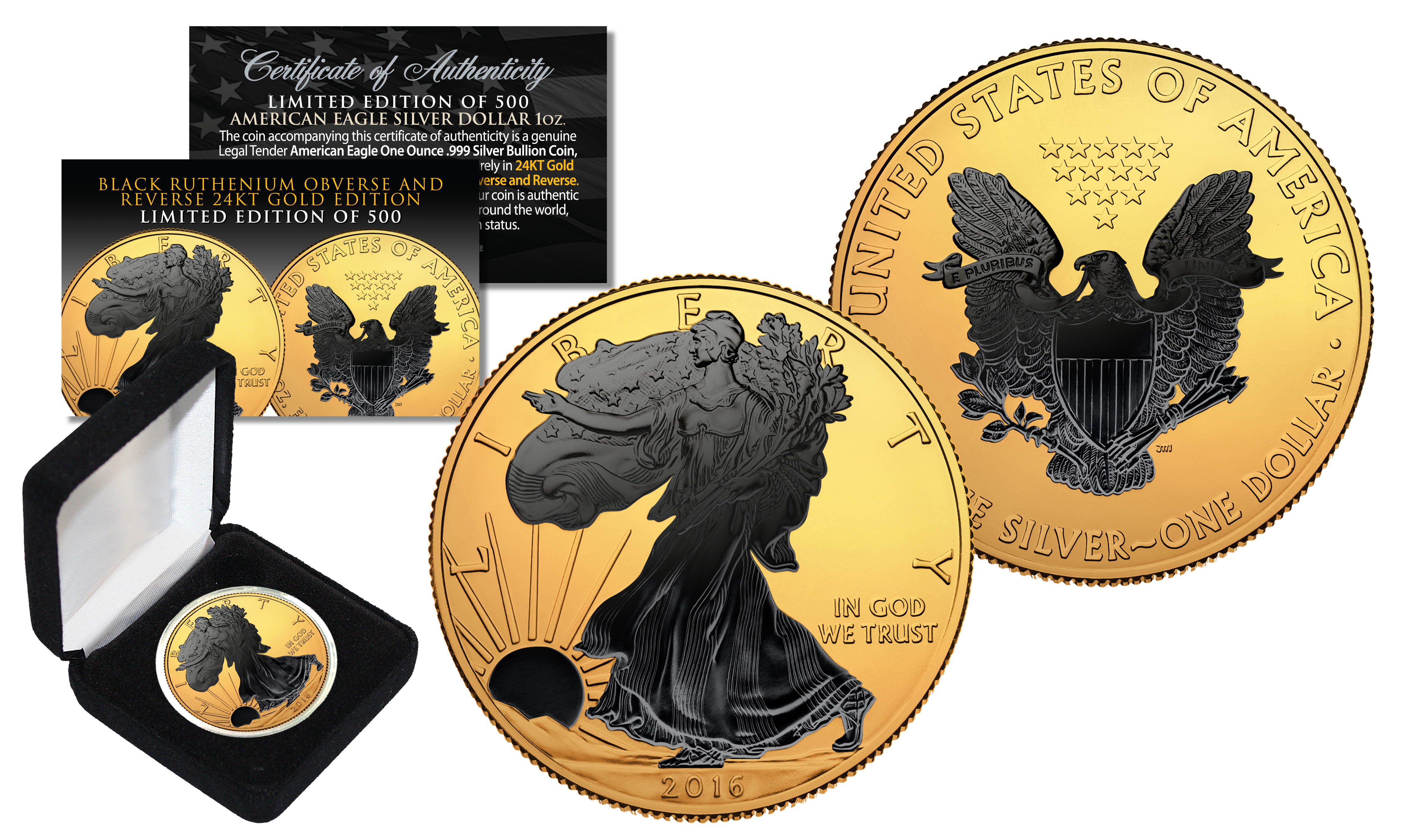 2018 1 OZ SILVER $1 AMERICAN EAGLE COIN BLACK RUTHENIUM-24KT BLACKOUT COLLECTION