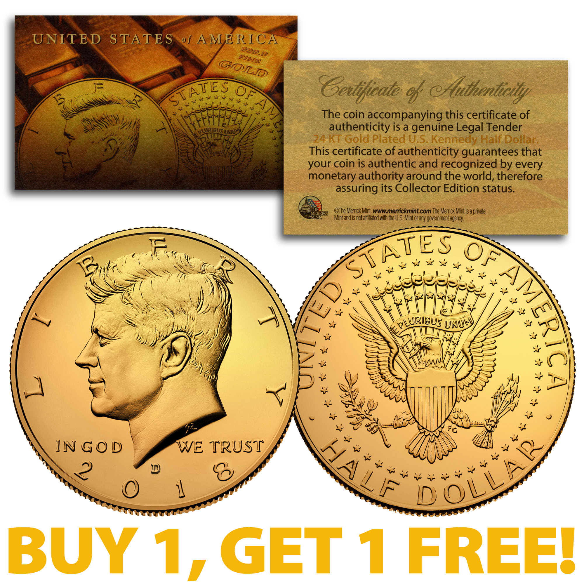 24 KT GOLD PLATED J *LOT OF 4 AIRTIGHT CAPSULE KENNEDY HALF DOLLAR* COIN SET