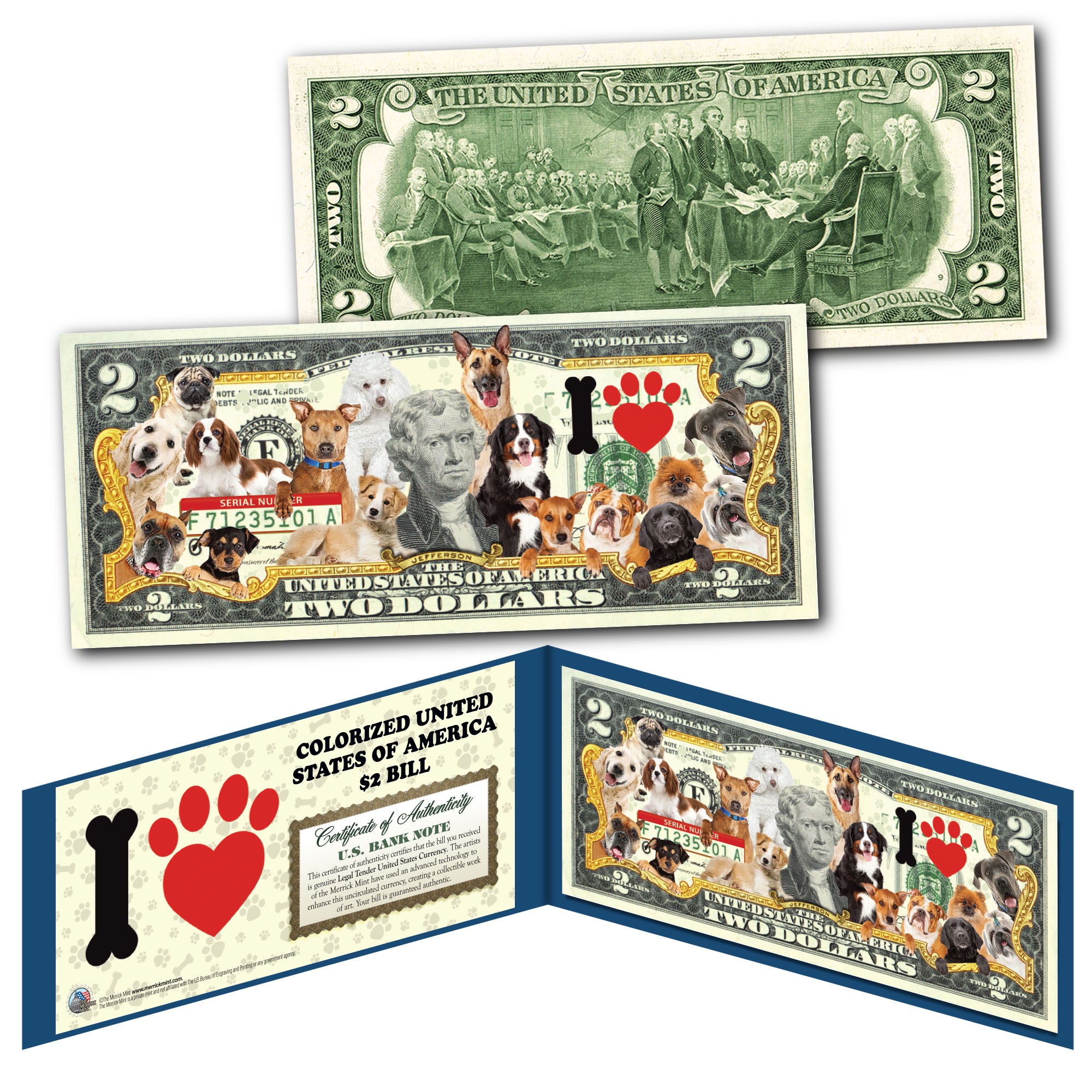 thumbnail image 2 of "I LOVE DOGS" Official U.S. $2 Bill - Genuine Legal Tender With Puppy Design, Uncirculated 2 of 5