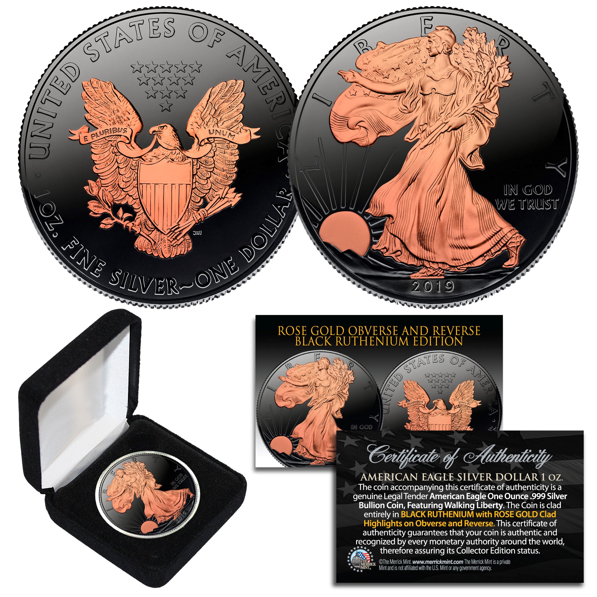 2018 1 OZ SILVER $1 AMERICAN EAGLE COIN BLACK RUTHENIUM-24KT BLACKOUT COLLECTION