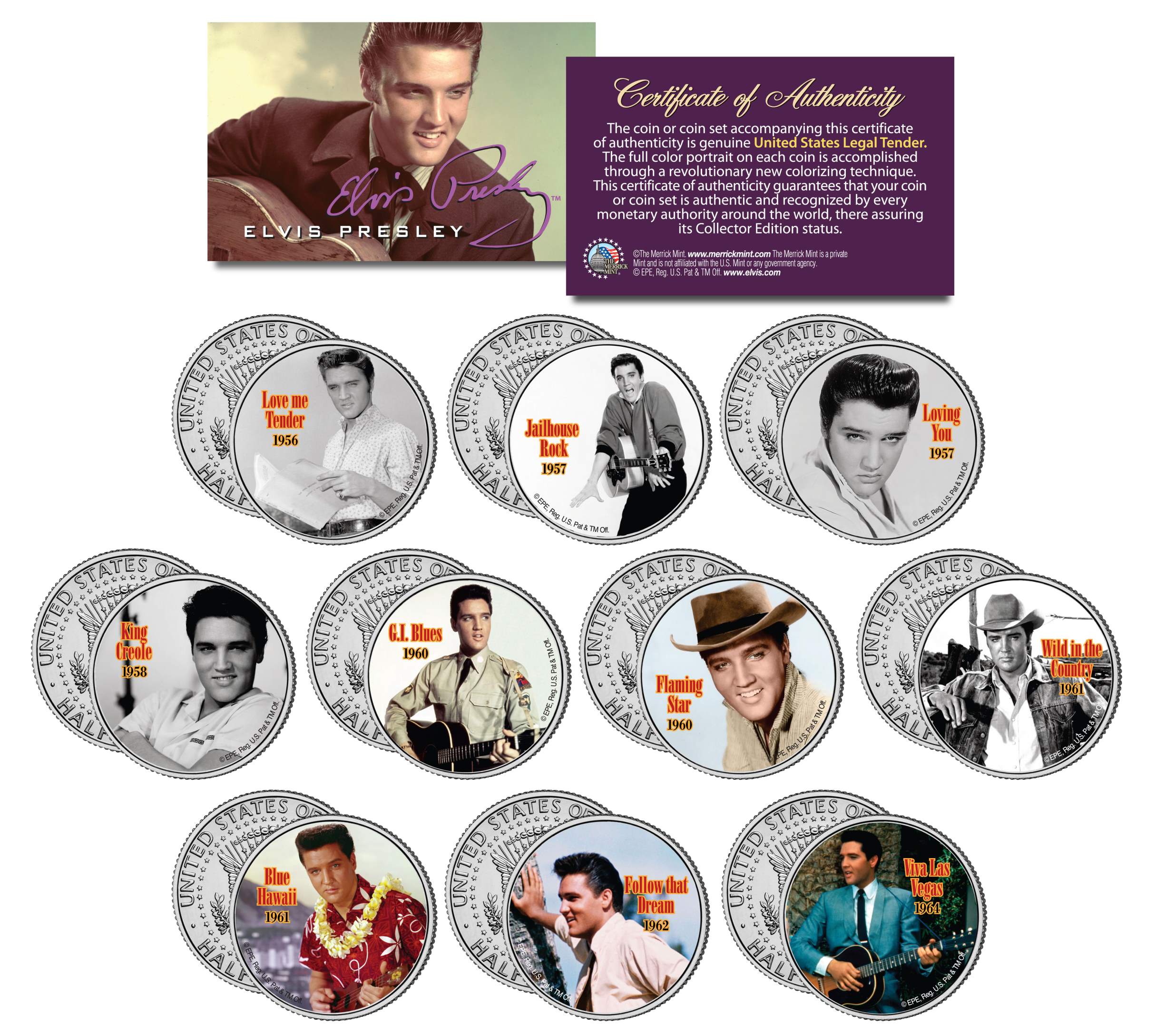 Colorized JFK Half Dollar U.S MOVIES 10-Coin Set JOHN WAYNE LICENSED *