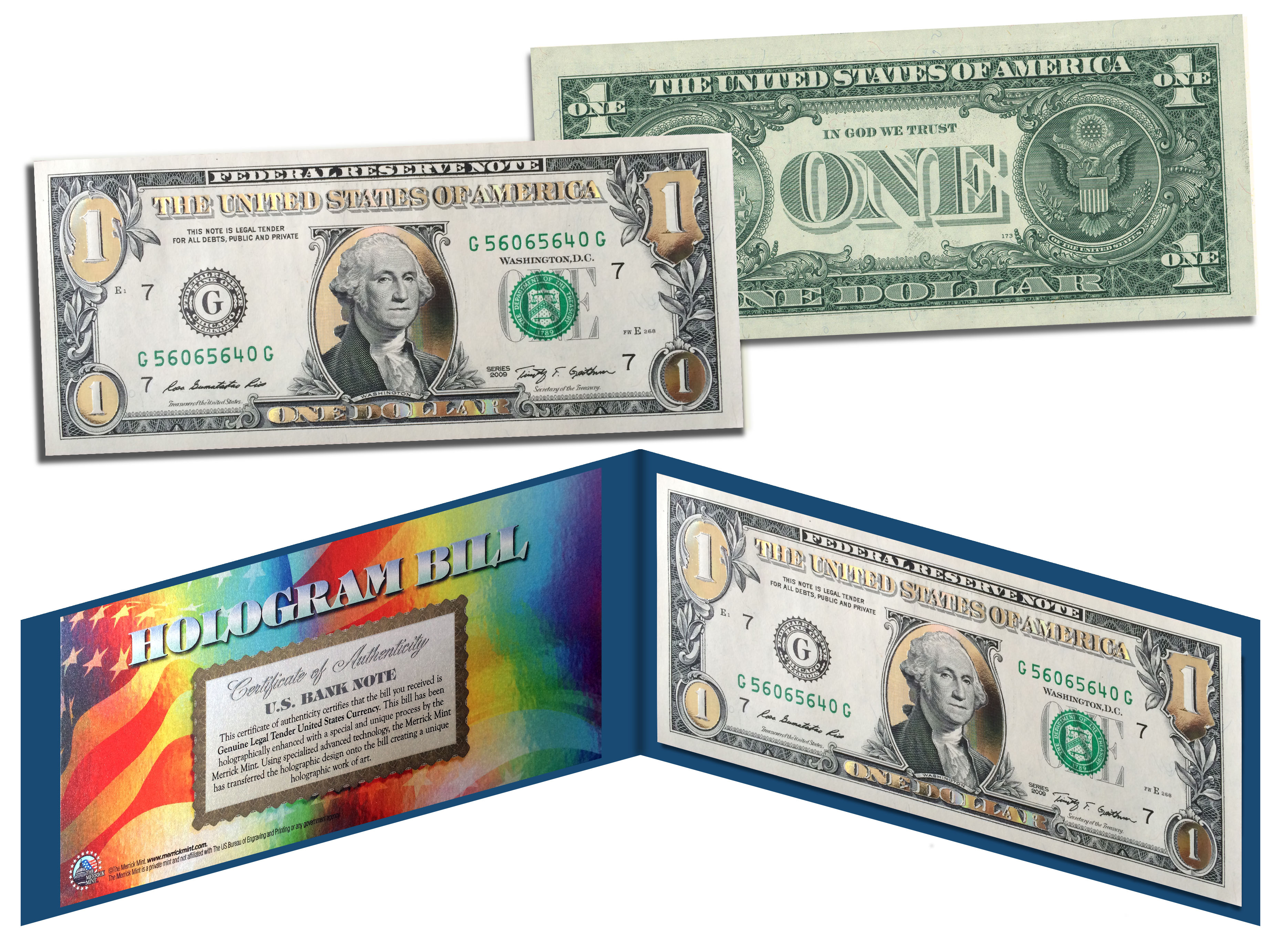Limited Edition * SOLID GOLD HOLOGRAM Legal Tender US $1 Bill Currency w//Folio