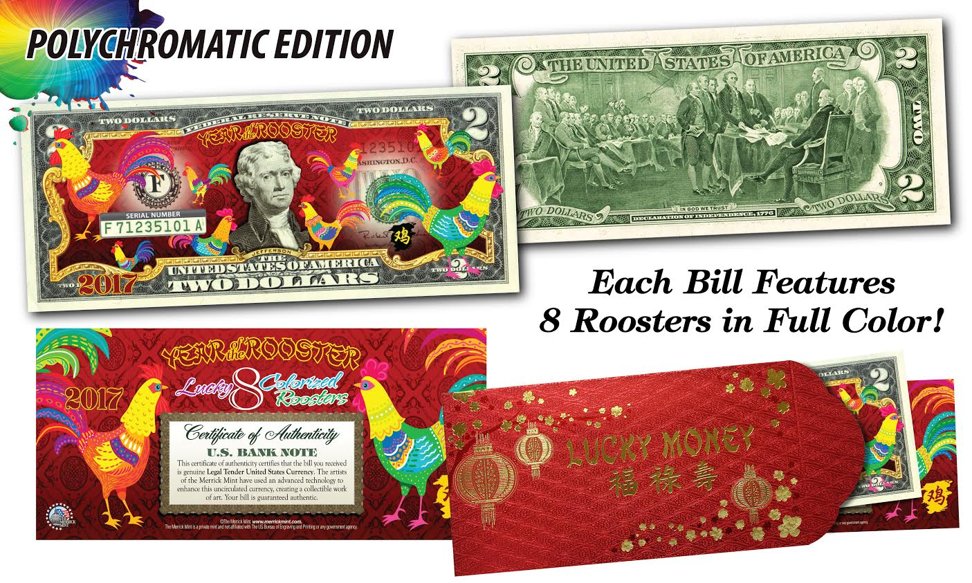 2017 Lunar CNY YEAR OF THE ROOSTER Polychrome Color Roosters $2 Bill BLUE QTY 10